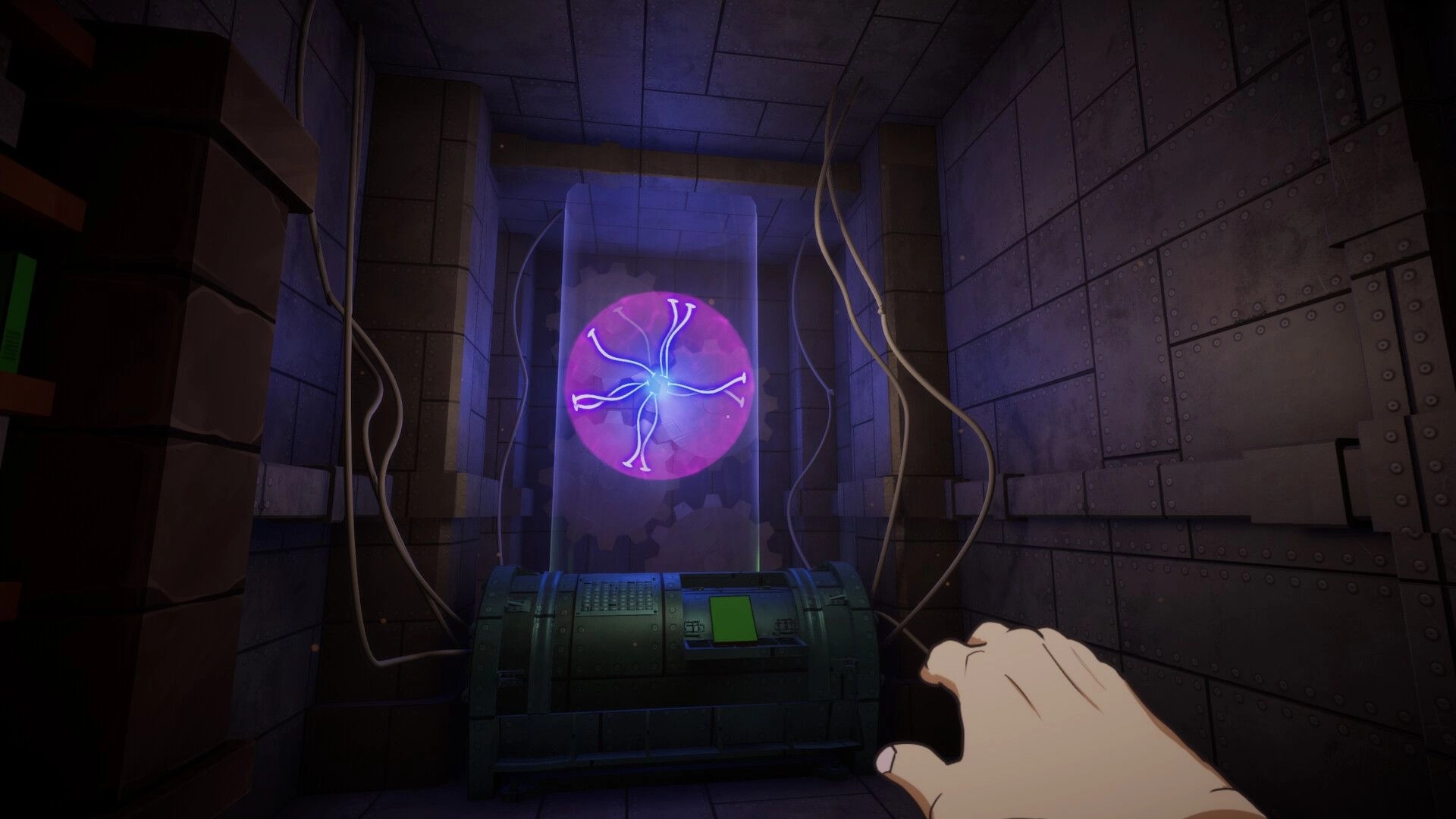 Dead Watch: Player reaching for glowing orb in a stone-walled chamber with mysterious machinery.