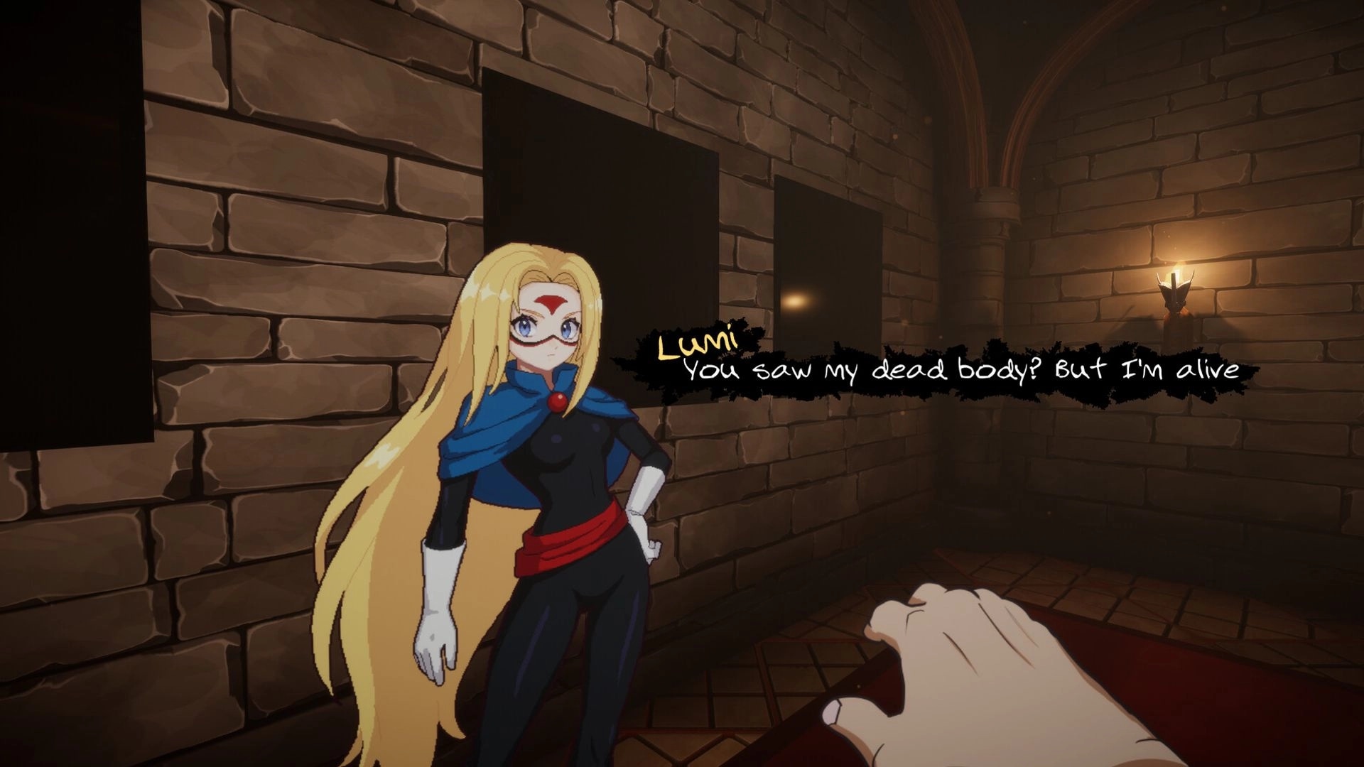 Dead Watch: Lumi confronts player in a dimly lit castle corridor, questioning her death.