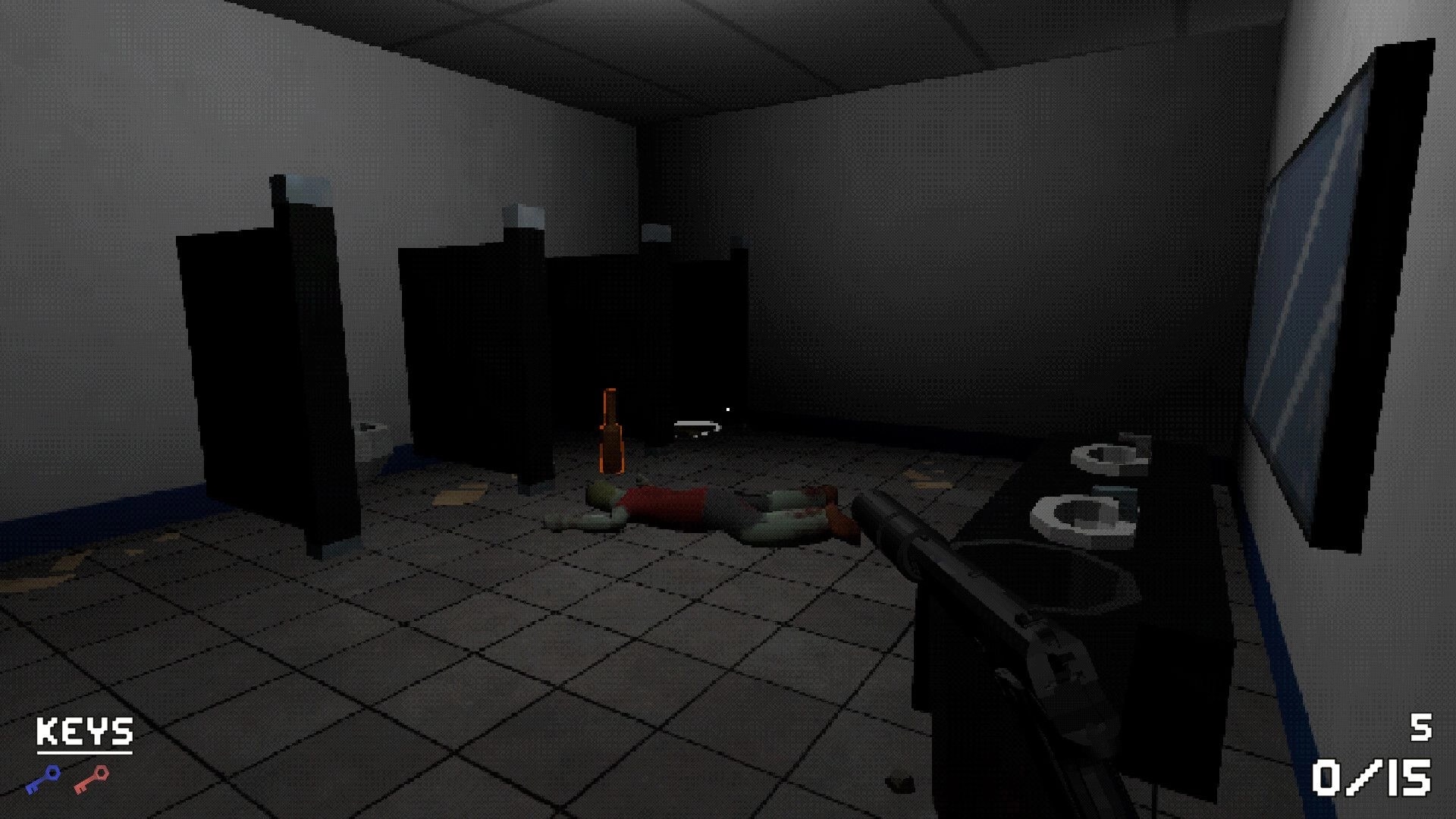 DEADBUS: Player in bathroom with gun aims at zombie near stalls, UI shows keys and ammo count