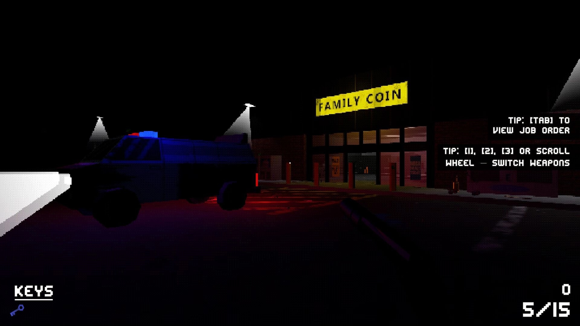 DEADBUS: Dark parking lot with police van near "Family Coin" store, weapon tips displayed on screen