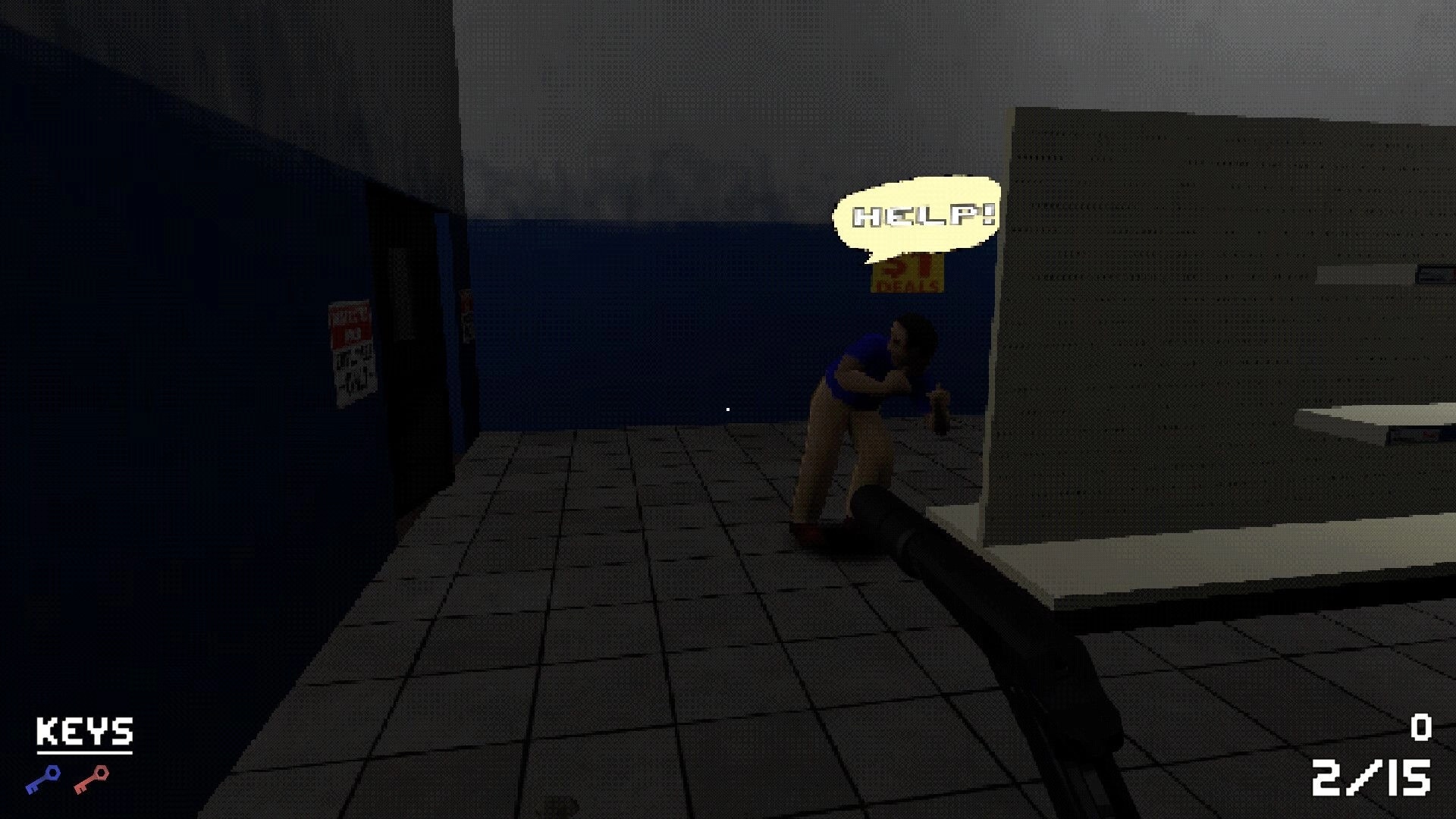 DEADBUS: Player aims at a crouching survivor shouting "HELP!" inside a dimly lit, tiled room