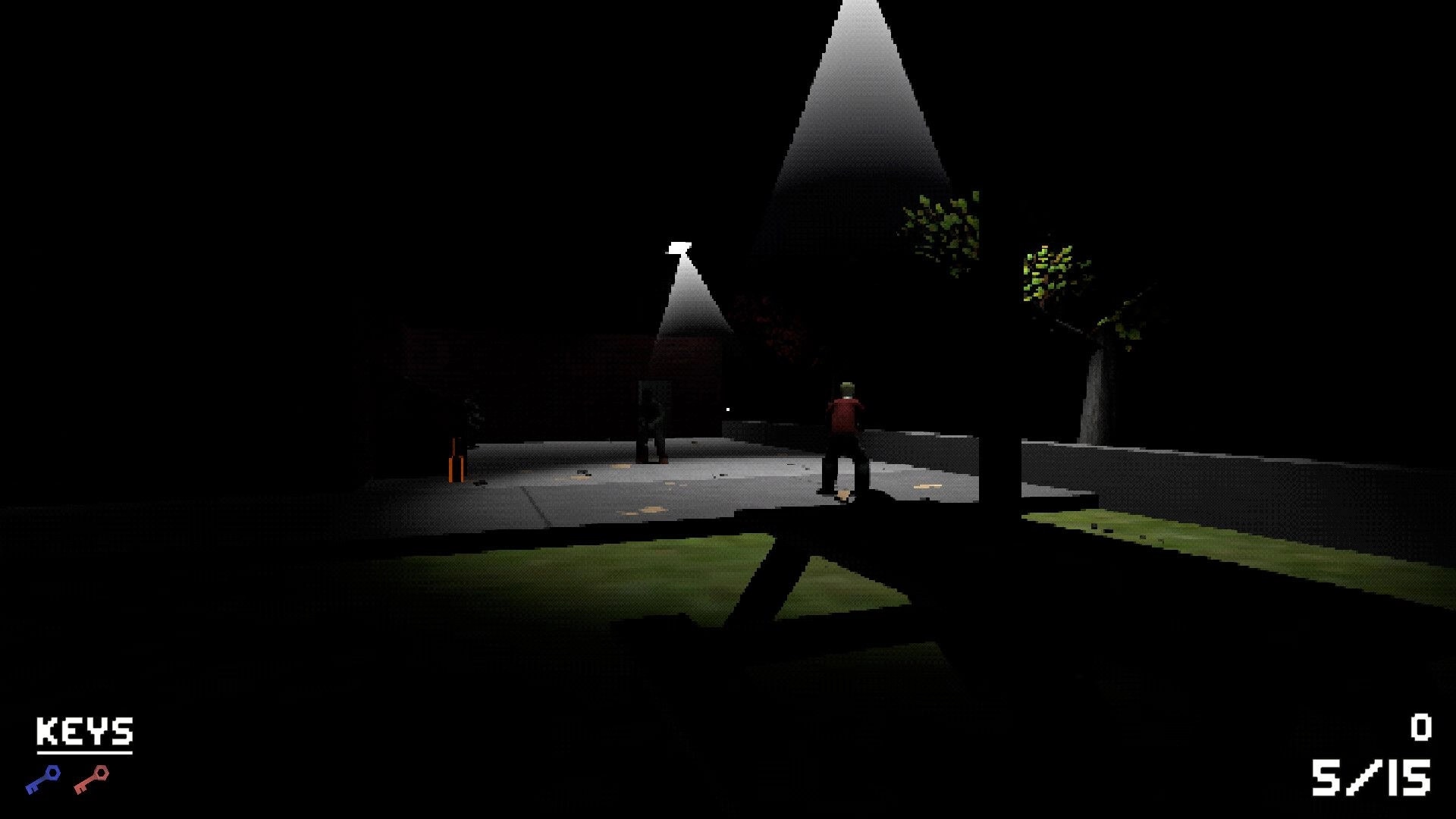 DEADBUS: Player aims at infected in dimly lit courtyard, ammo count and key indicators visible