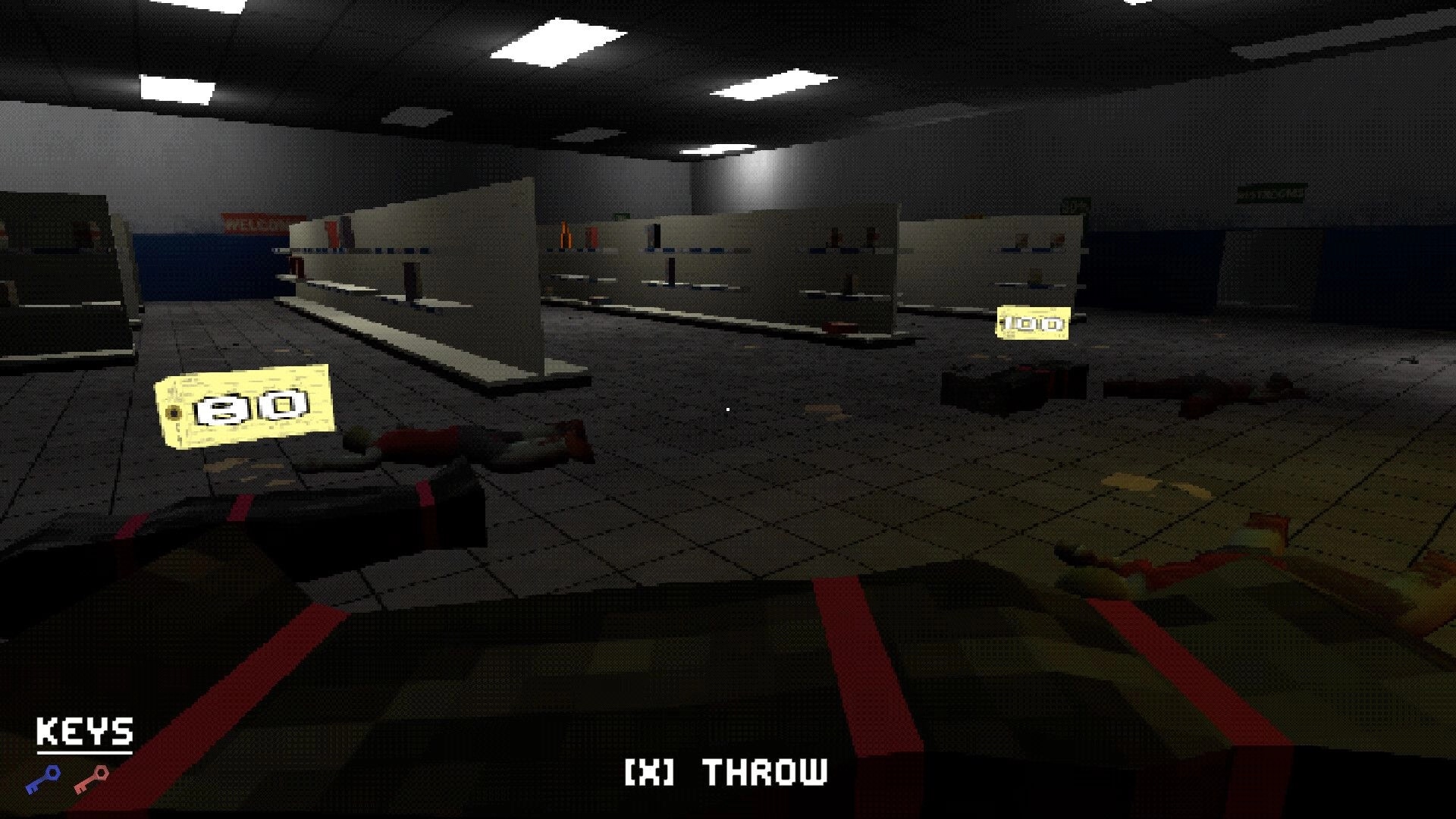 DEADBUS: Player holds grenade in dim store, two bodies on floor, glowing ammo boxes nearby
