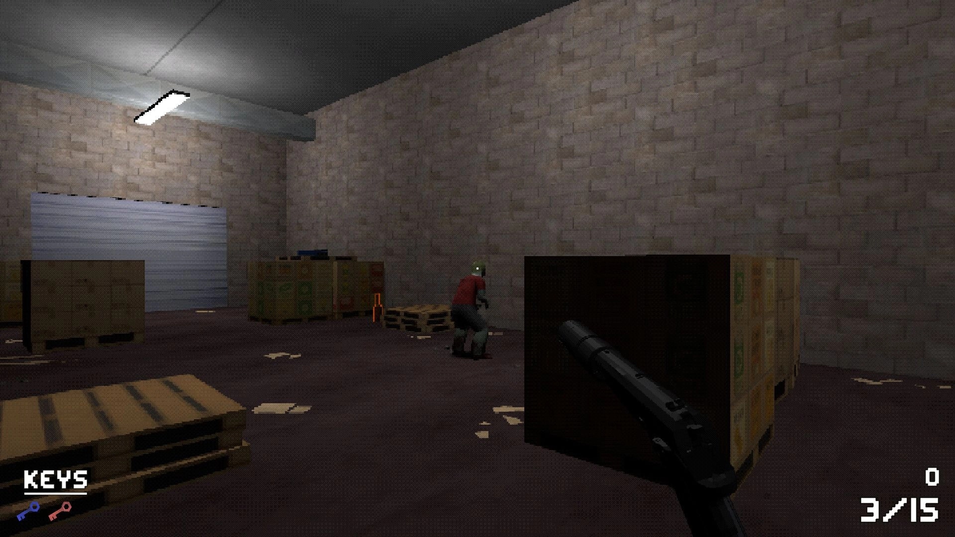 DEADBUS: Player aiming at zombie in warehouse with crates, ammo count displayed in corner of screen