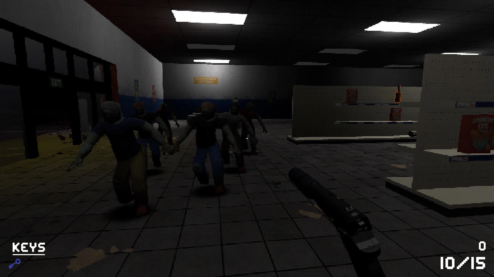 DEADBUS: Player aims at approaching zombies in a dimly lit supermarket with ammo count displayed.