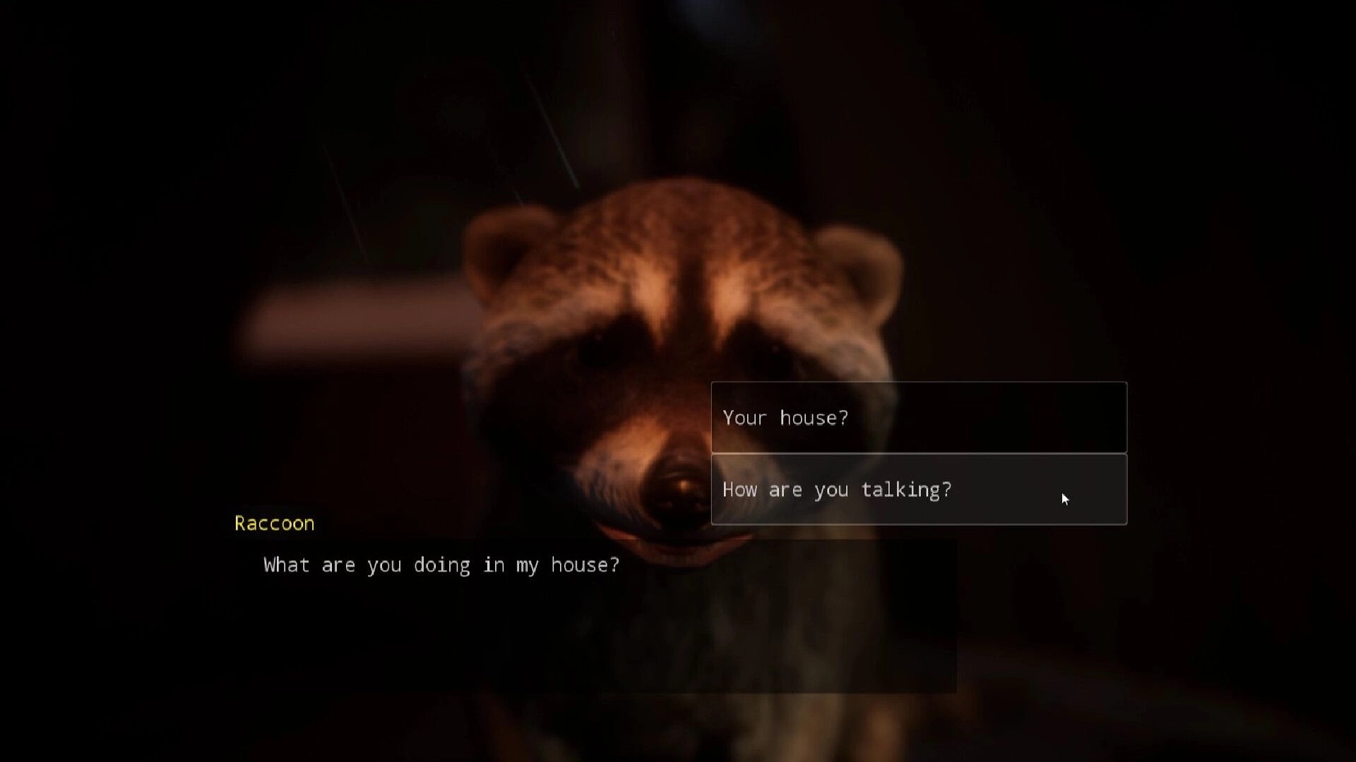 Deadcam: Conversing with raccoon displaying dialogue options inside dimly lit house interior