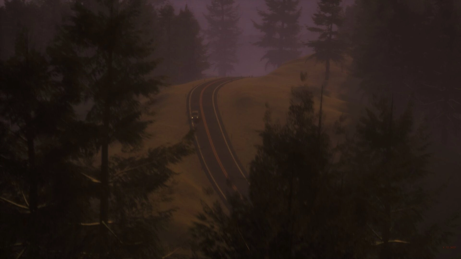 Deadcam: Winding road through dense forest at dusk, leading to the ominous, abandoned house location.