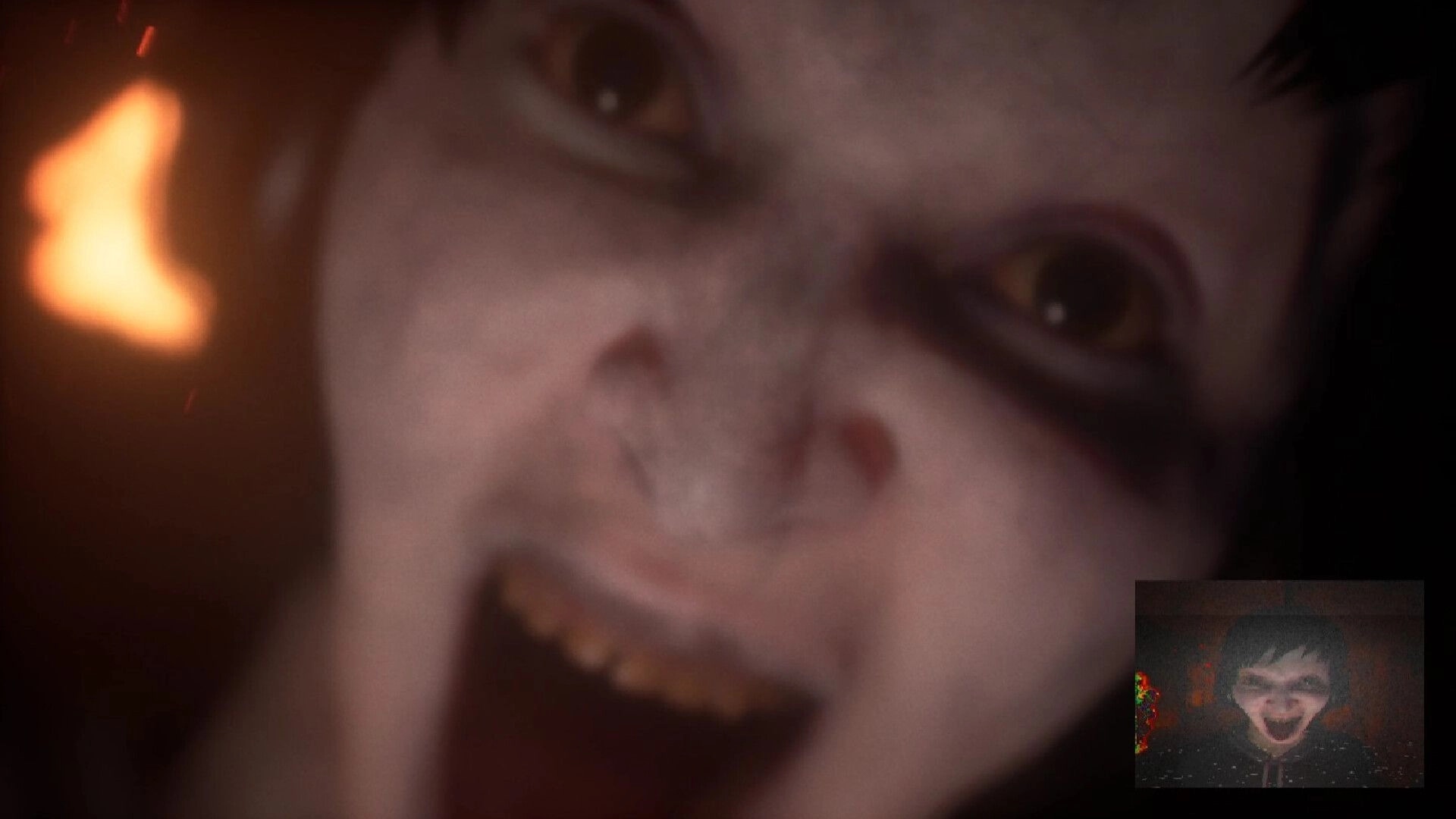 Deadcam: Margo's distorted face in close-up with eerie lighting inside the haunted house setting.