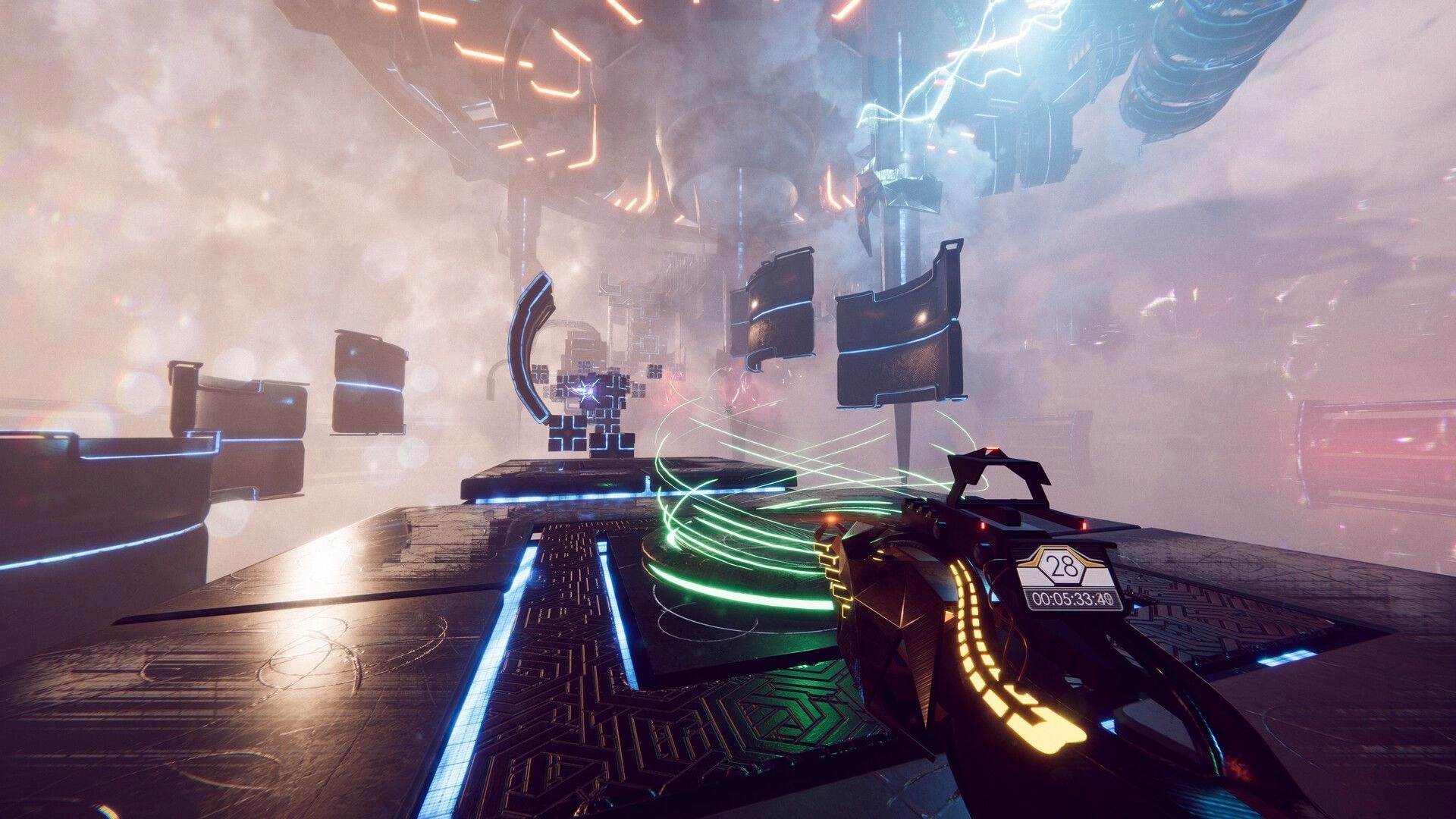 DeadCore Redux: Player aiming SwitchGun at floating platforms and structures in a misty, futuristic world