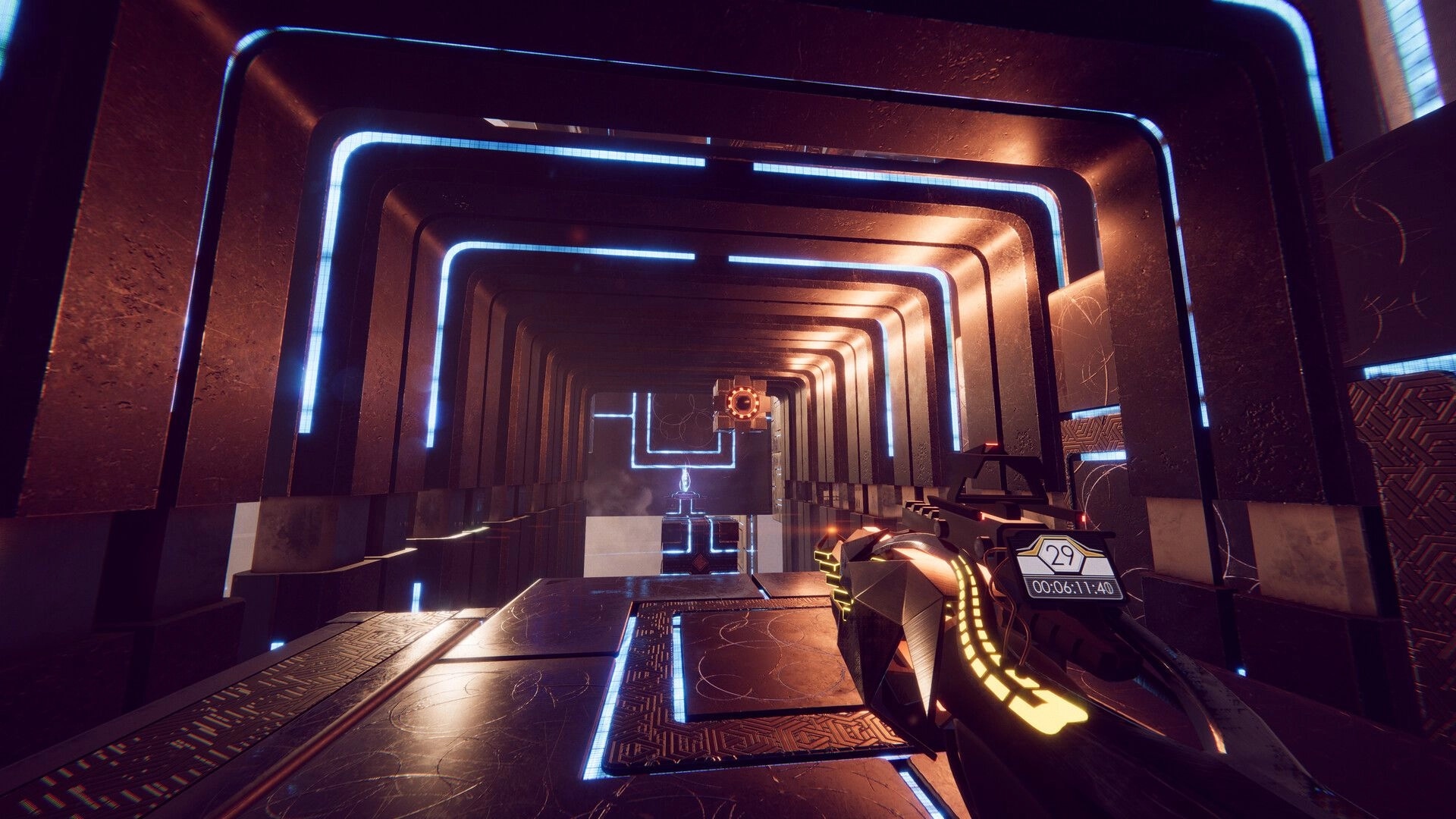 DeadCore Redux: First-person view aiming at glowing cube in a futuristic, neon-lit corridor