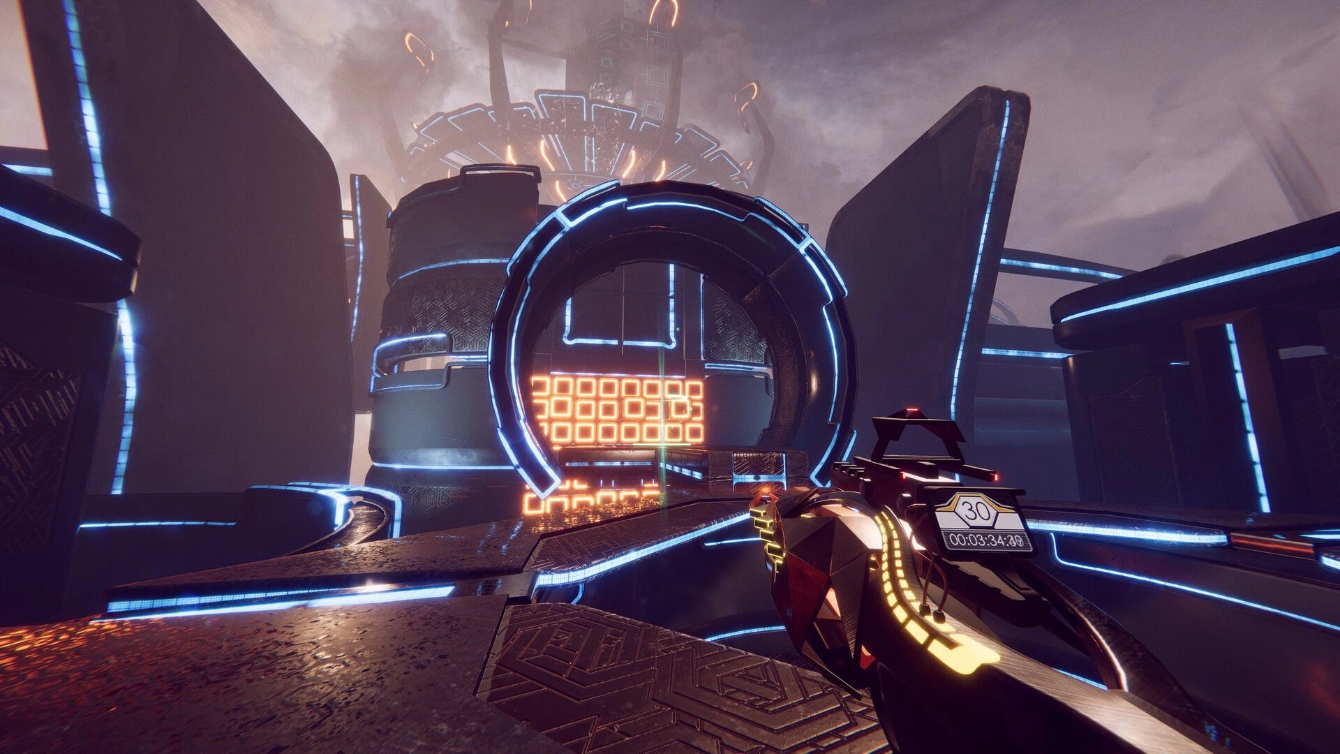 DeadCore Redux: Player aims SwitchGun at glowing puzzle in futuristic platform tower environment