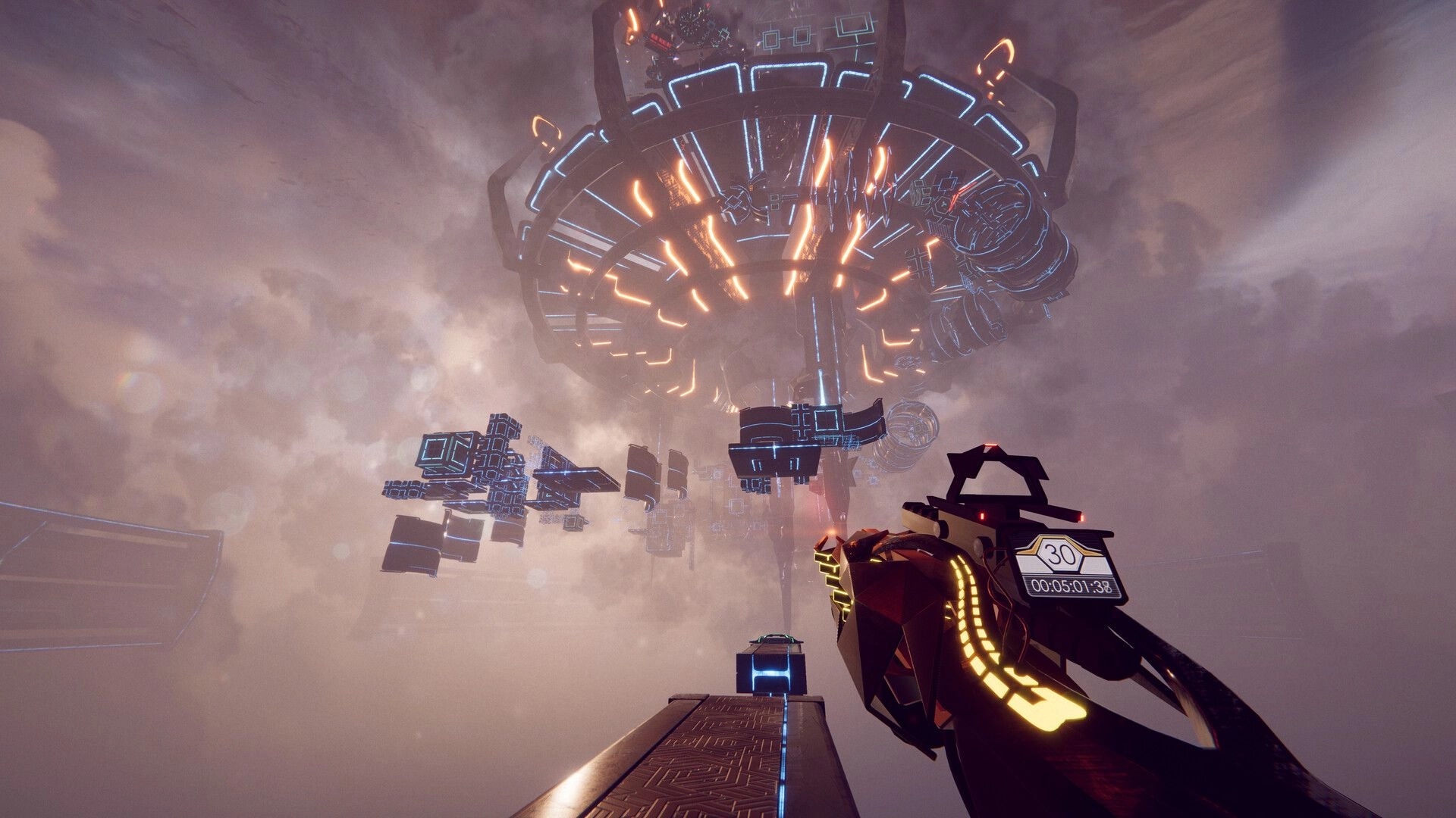 DeadCore Redux: Tower with glowing neon outlines and swirling energy vortex in a futuristic sky setting
