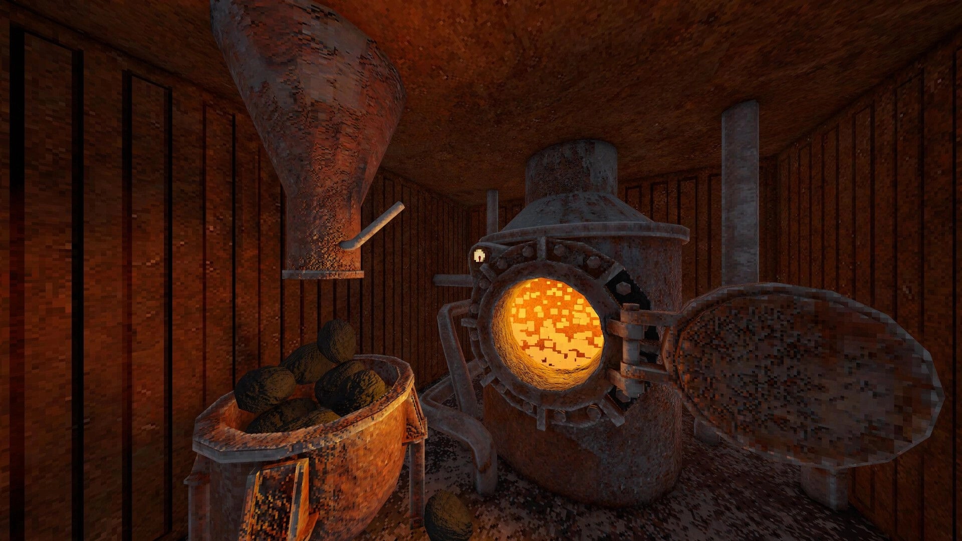 Deadhead: Glowing boiler furnace with open hatch and coal cart inside a cramped, rusty engine room.