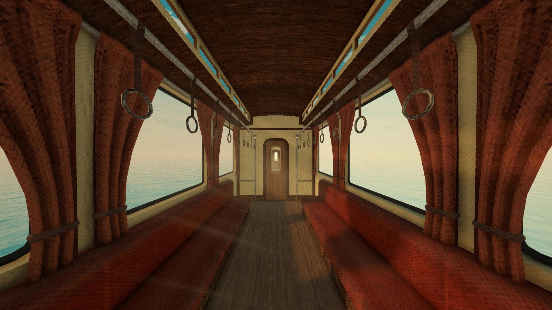 Deadhead: Empty train carriage with red seats and hanging rings, ocean visible through windows.