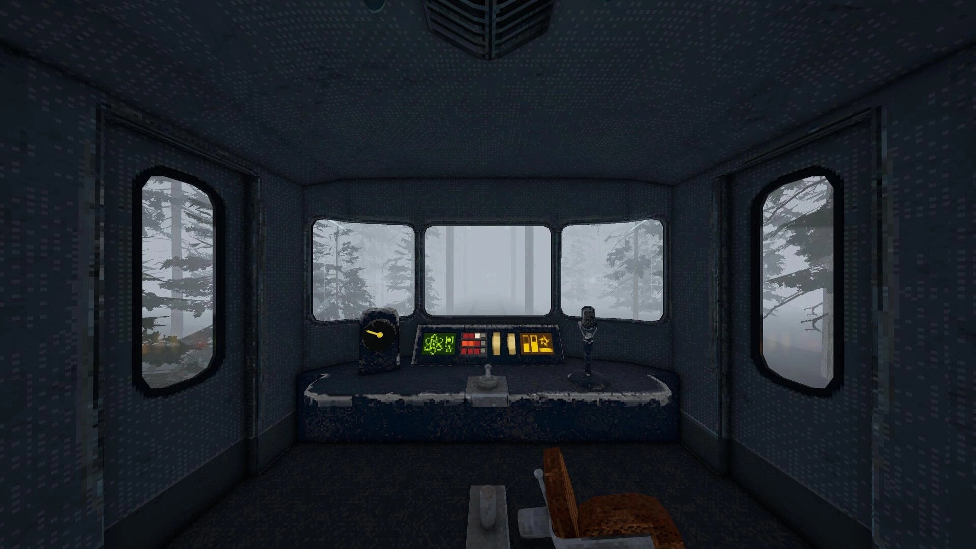 Deadhead: First-person view of train cab controls and gauges in a foggy forest outside windows.