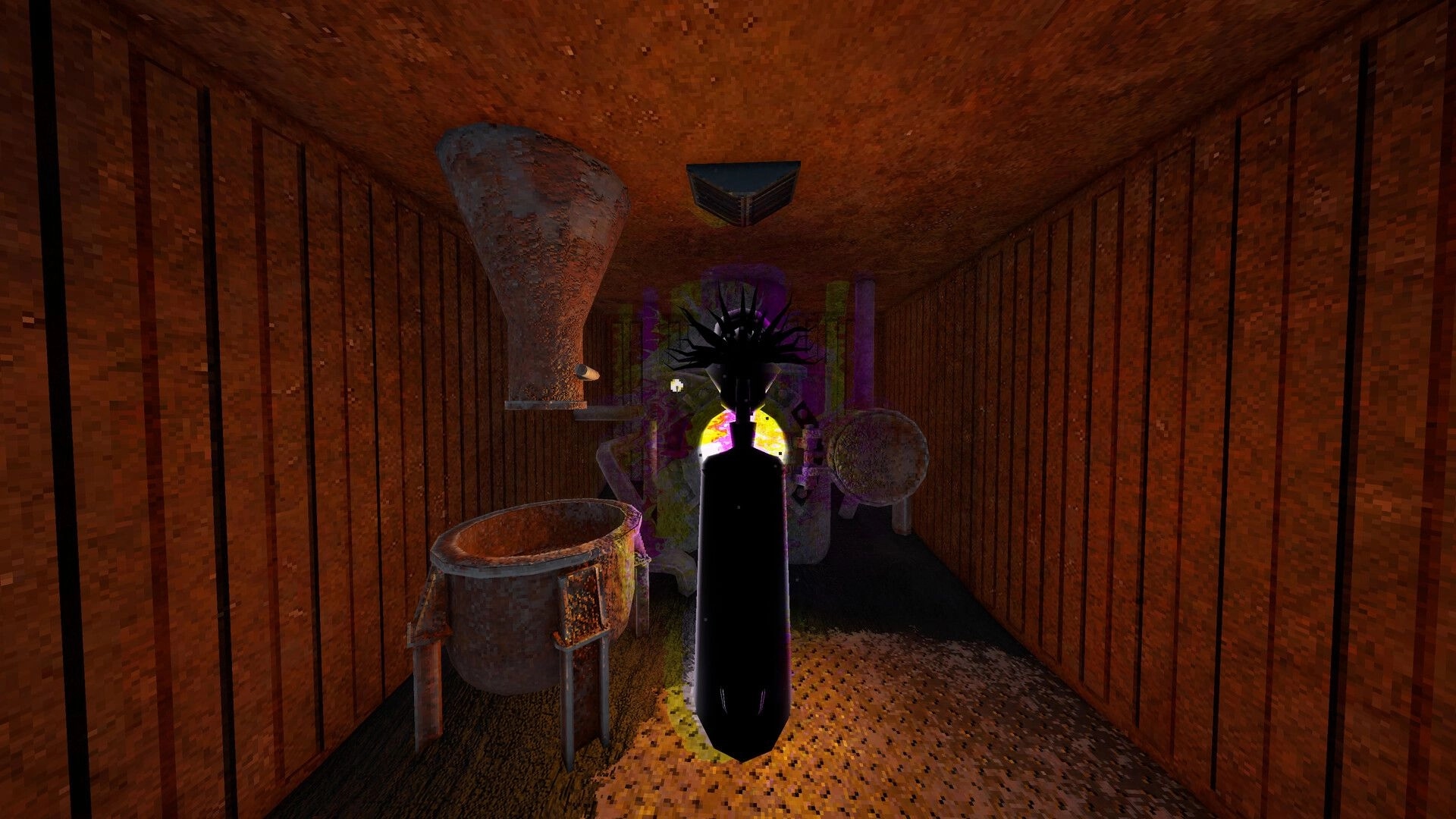 Deadhead: Shadowy humanoid with purple aura blocks a rusty train corridor filled with machinery.