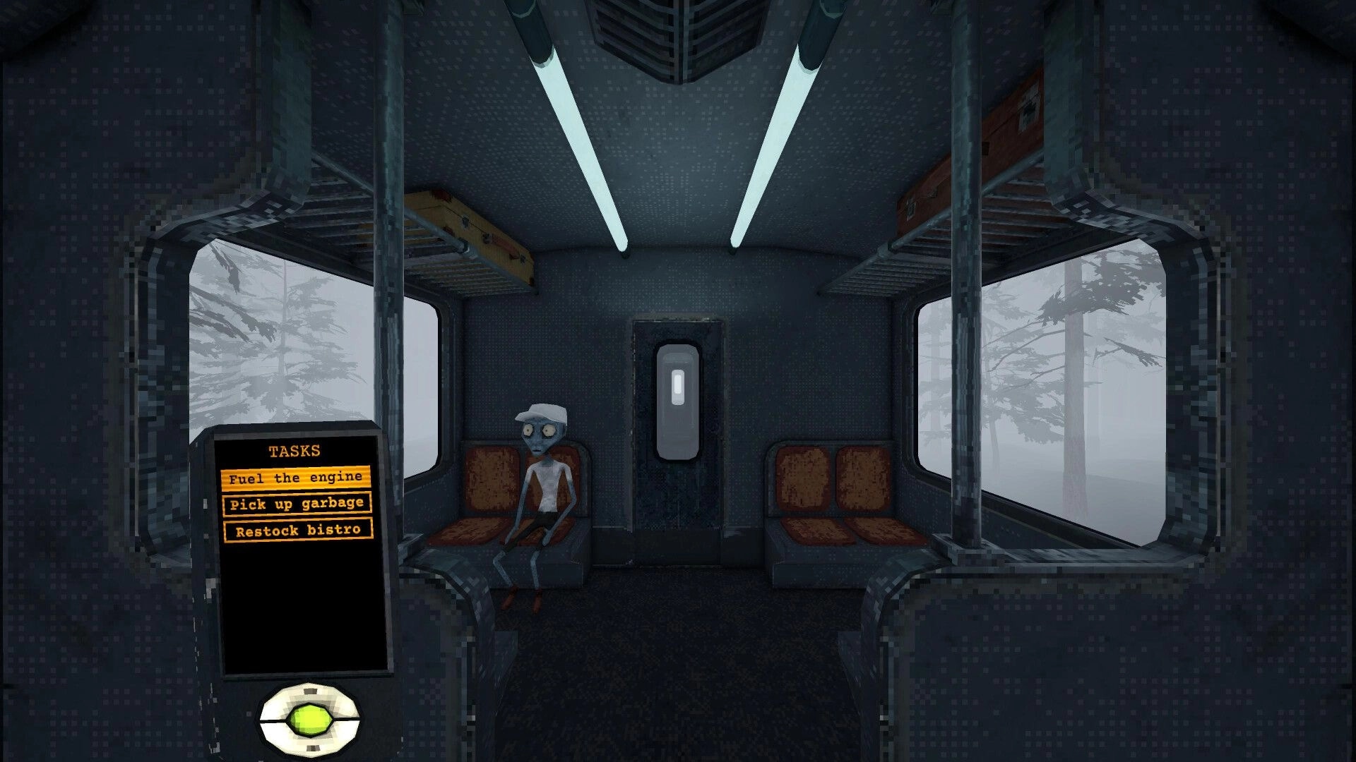 Deadhead: Task list UI beside a seated gray worker inside a dim train car with foggy windows.