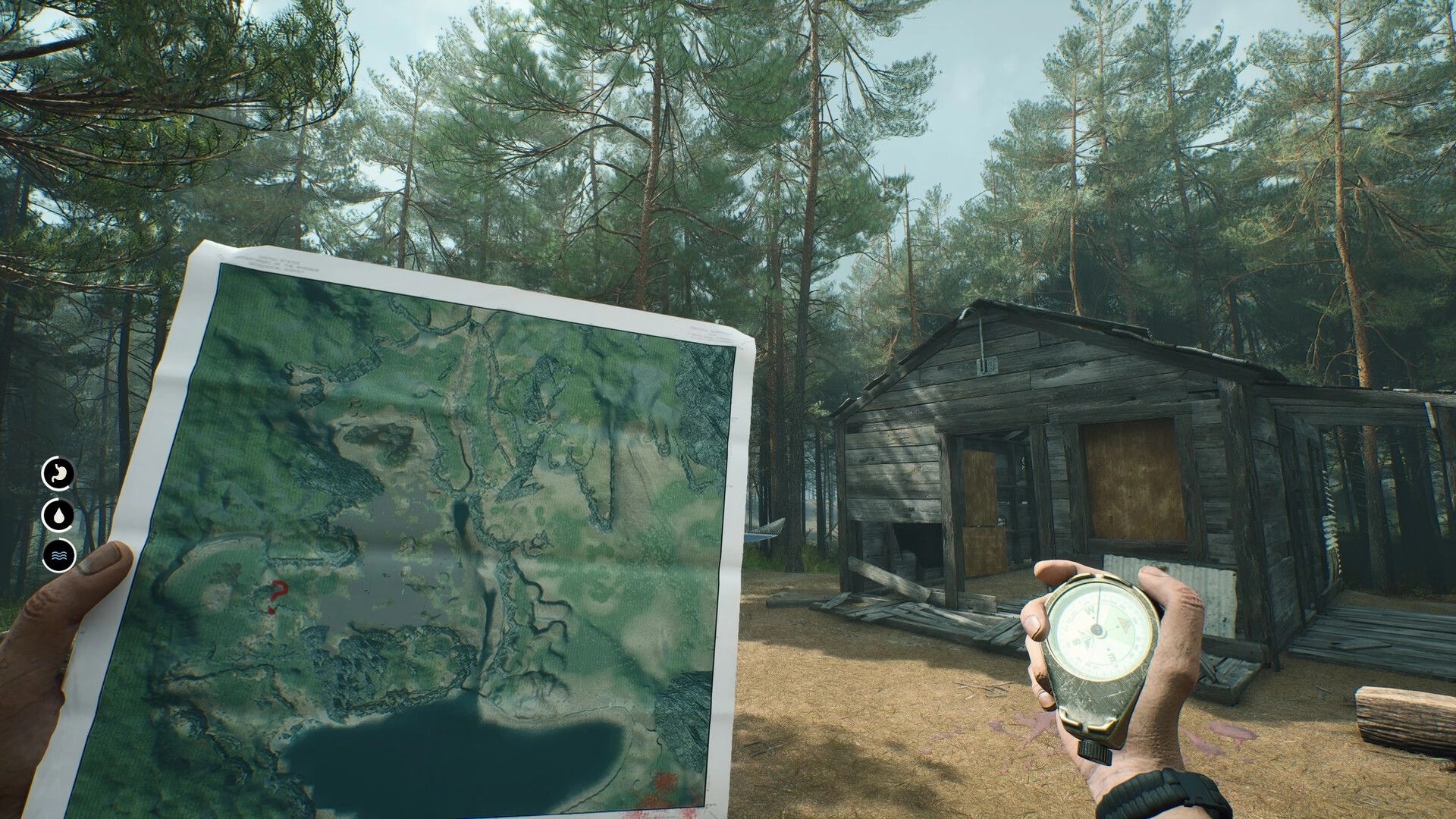 Deadhikers: Player holding compass and map in forest near wooden cabin in wilderness setting