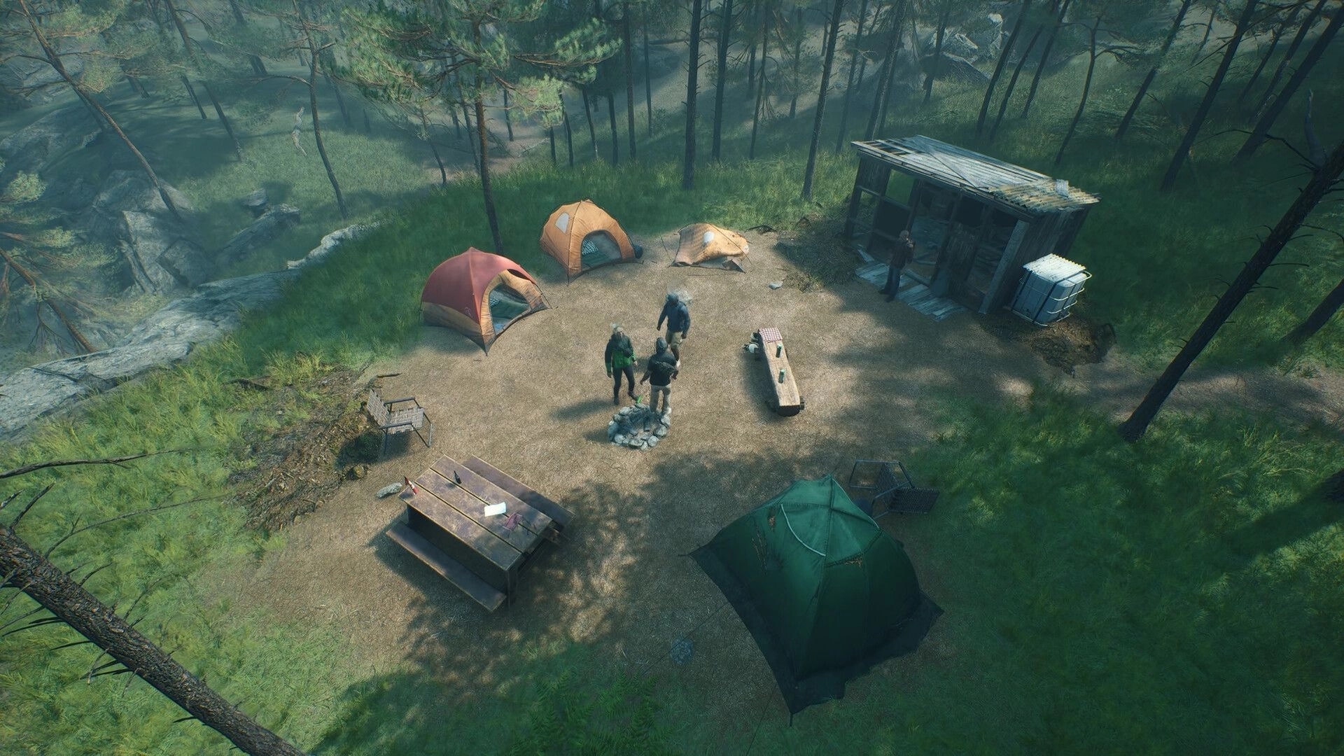 Deadhikers: Three characters stand around a campfire in a forest campsite with colorful tents.