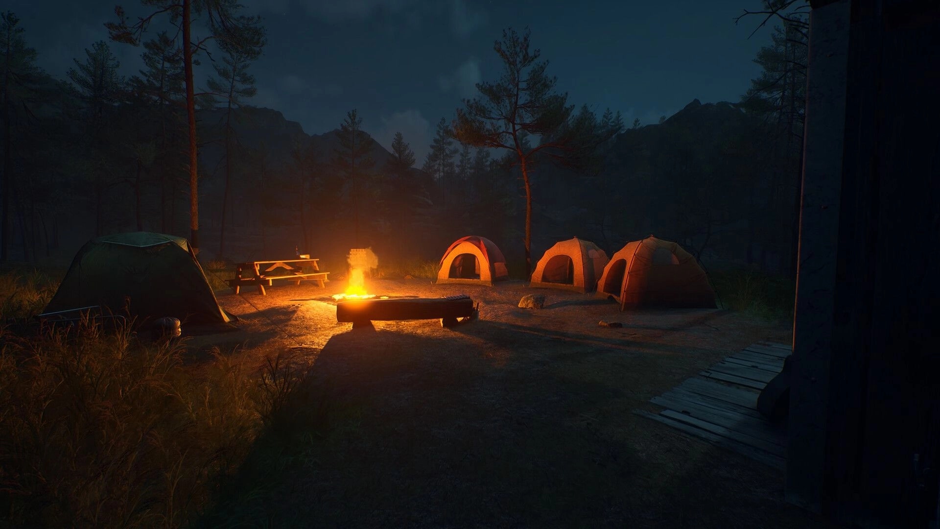 Deadhikers: Campfire with tents and picnic table in a dark forest setting, creating a tense atmosphere