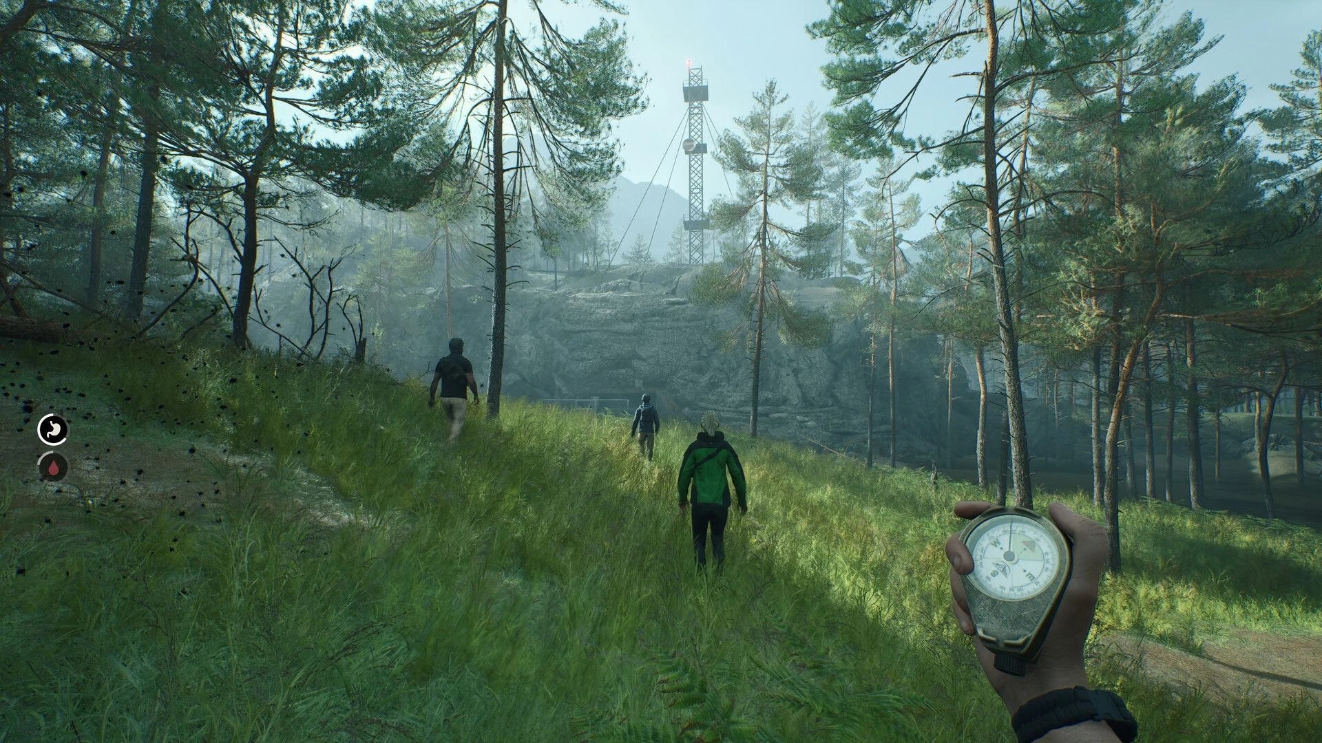 Deadhikers: Group of players hiking through dense forest holding compass, approaching distant radio tower