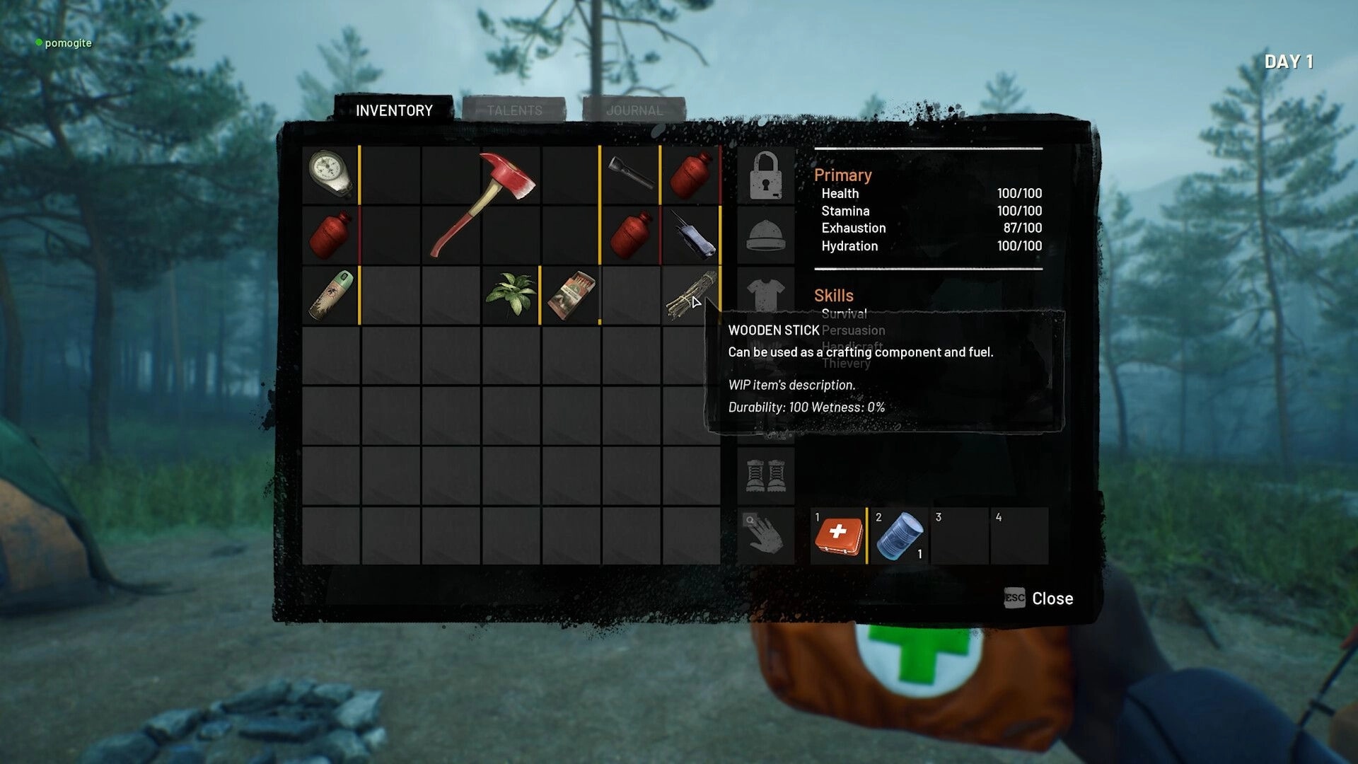 Deadhikers: Inventory screen displaying gear and skills in a foggy forest campsite setting.