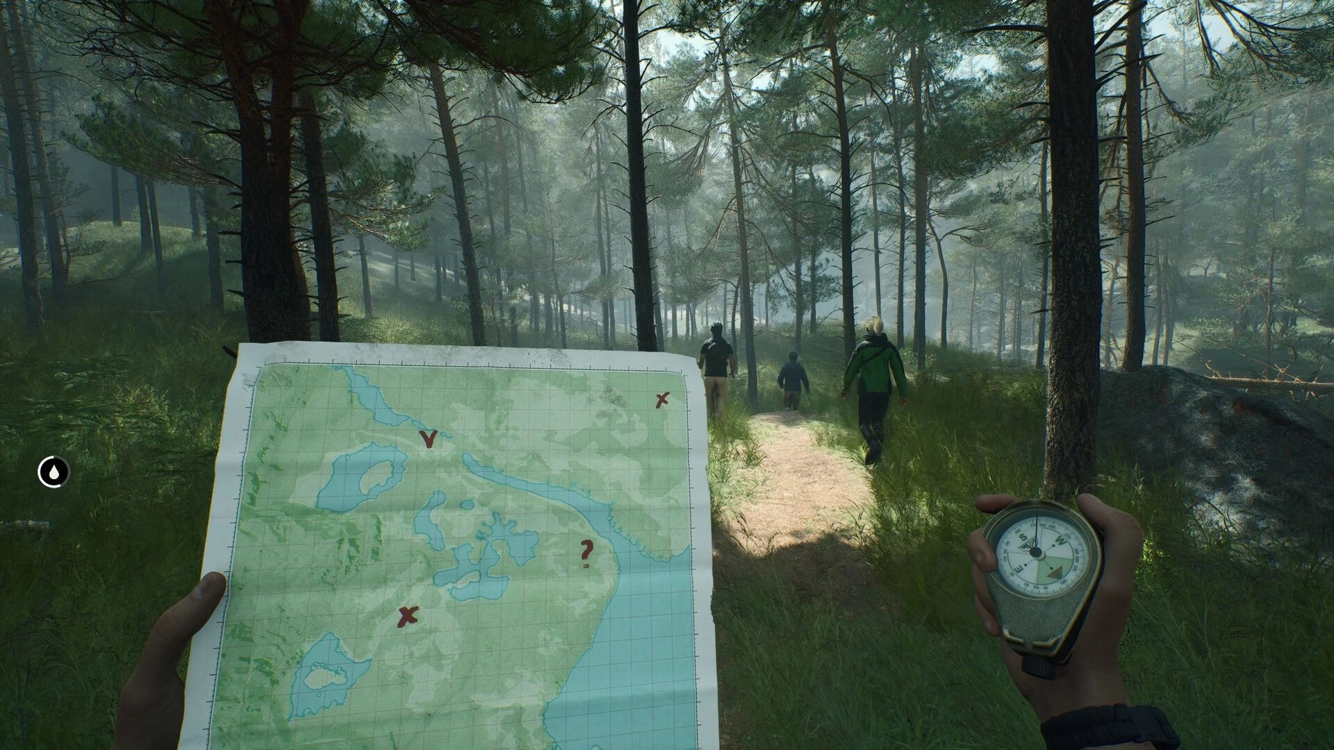 Deadhikers: Hikers navigate dense forest trail using map and compass in eerie wilderness setting.