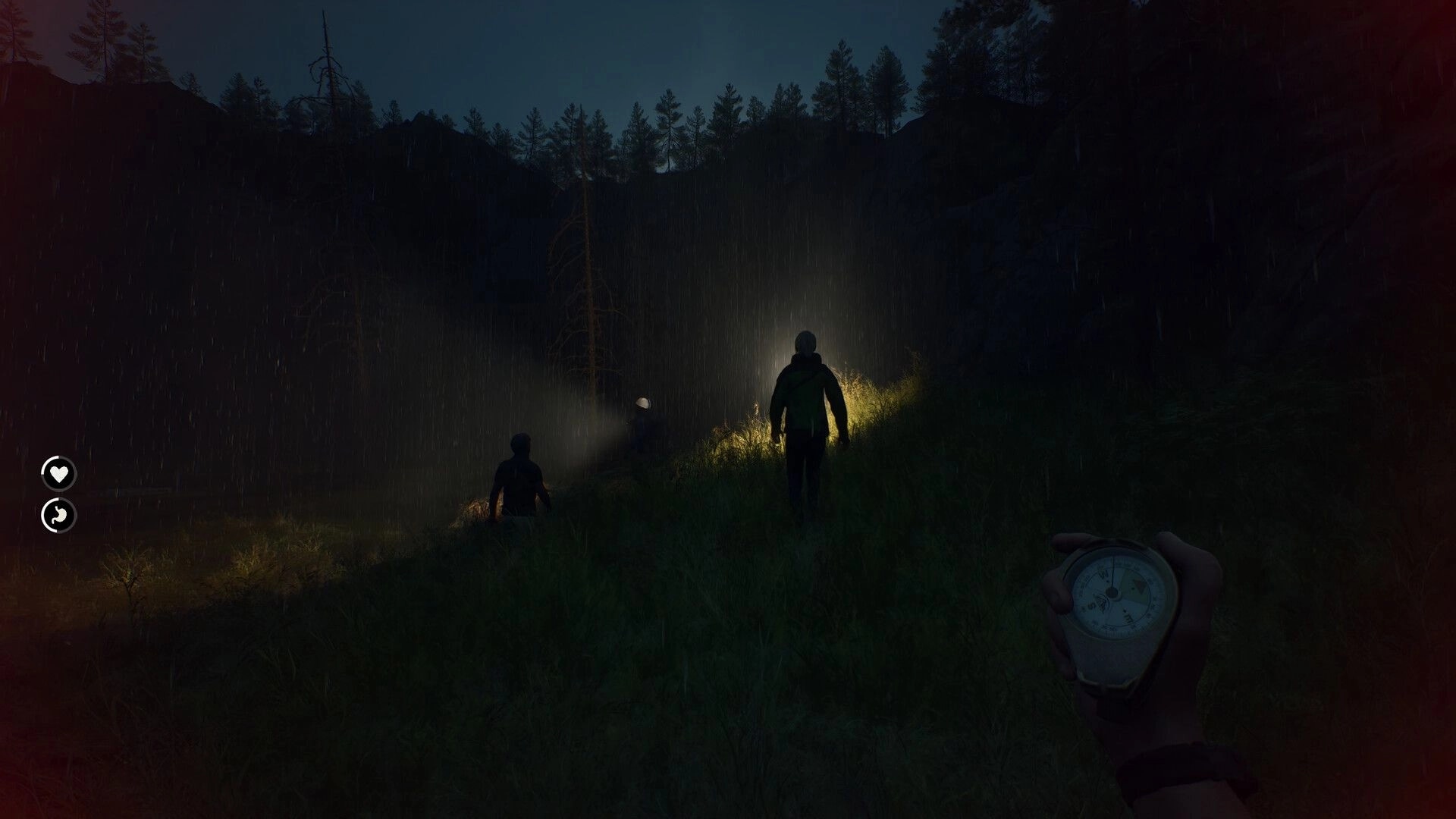 Deadhikers: Players navigate dark forest using flashlights and compass under heavy rain at night