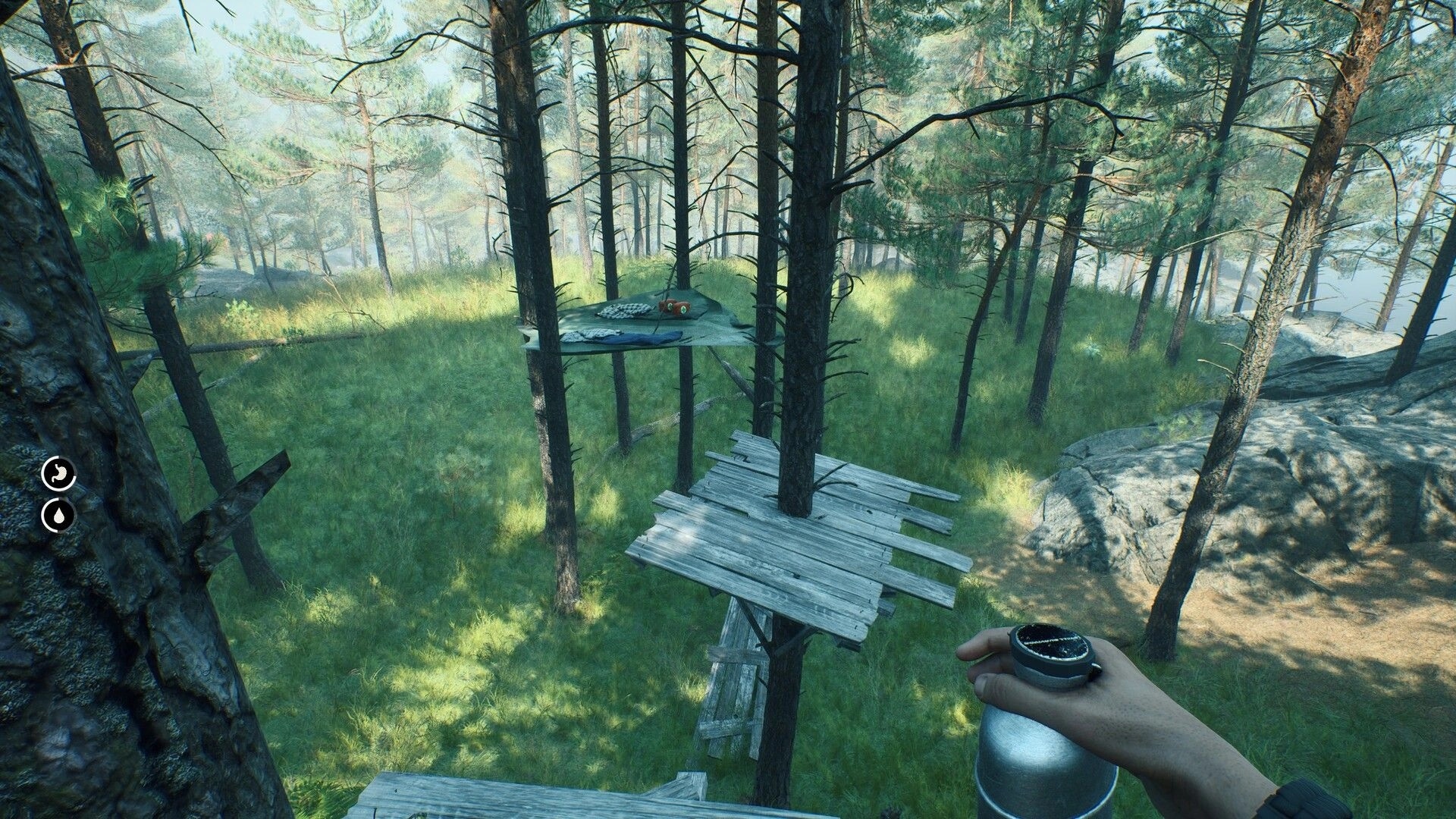 Deadhikers: Exploring tree platforms with a canteen in hand in a dense, sunlit forest setting