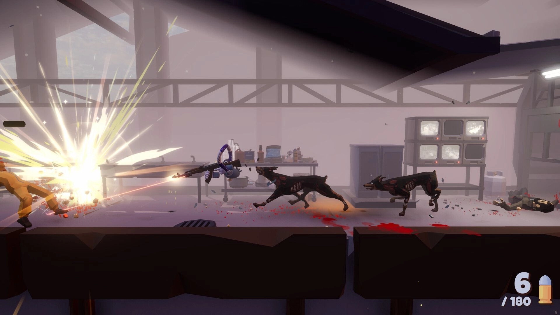 Deadliest Pigeon: Pigeon wielding rifle fights zombie dogs in industrial laboratory with explosive chaos