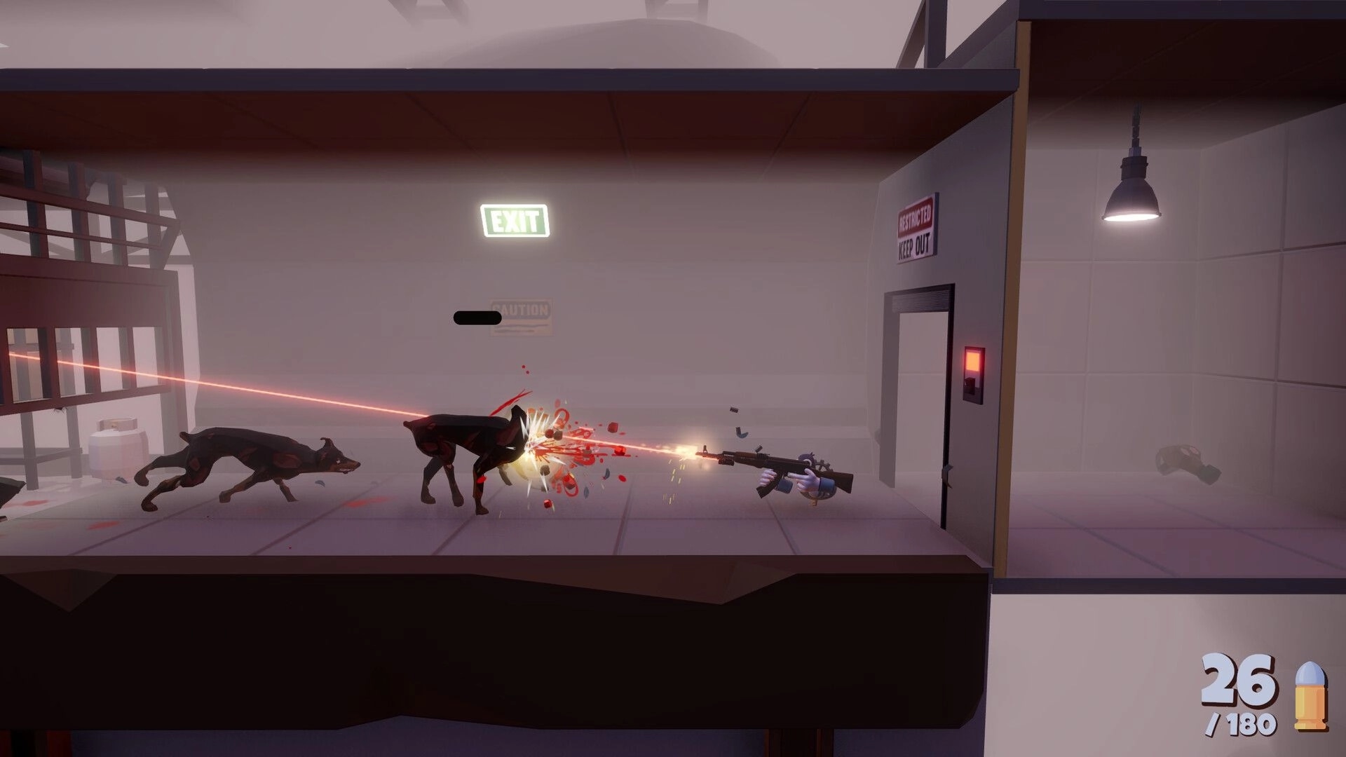 Deadliest Pigeon: Pigeon shoots rifle at robotic dogs in industrial hallway with exit sign and ammo display.