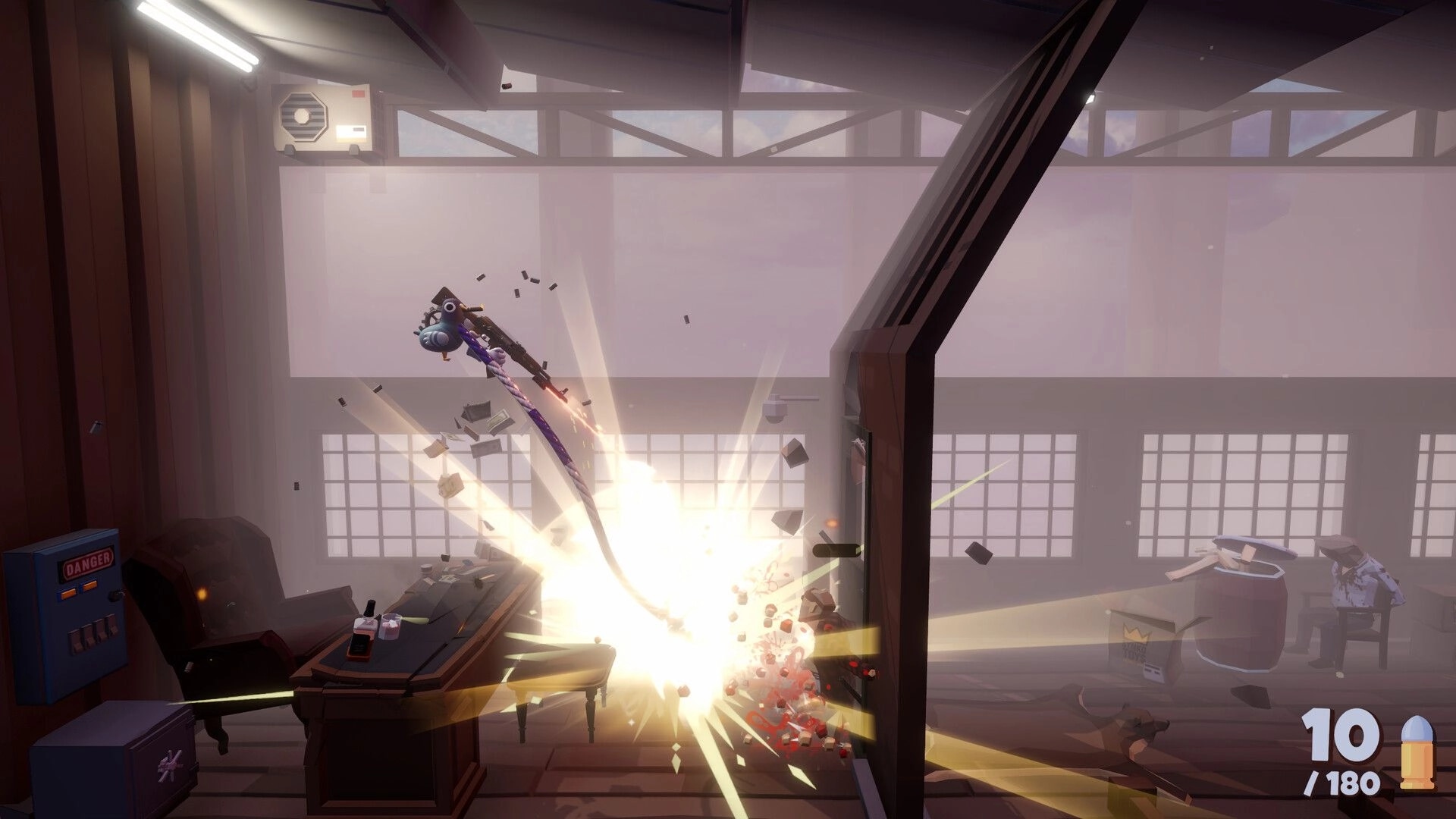 Deadliest Pigeon: Pigeon swings with grappling hook, causing explosion in office with enemy and debris flying.