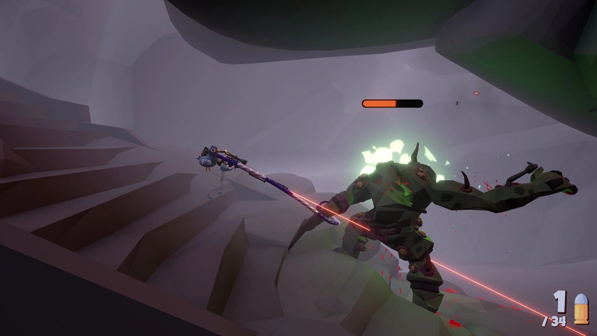Deadliest Pigeon: Pigeon grapples giant horned enemy in rocky cavern with ammo count displayed on screen