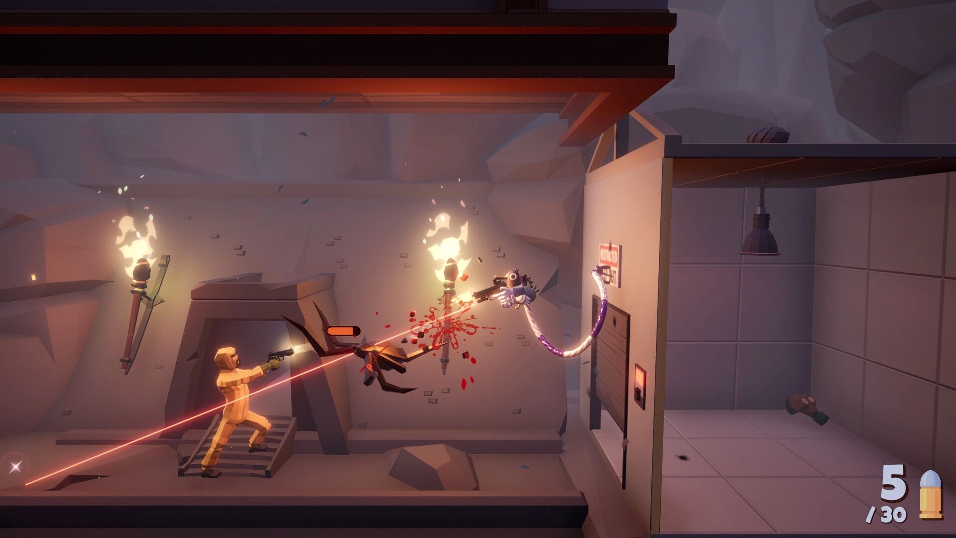 Deadliest Pigeon: Pigeon grapples enemy with shotguns and blood effects in dimly lit cave environment