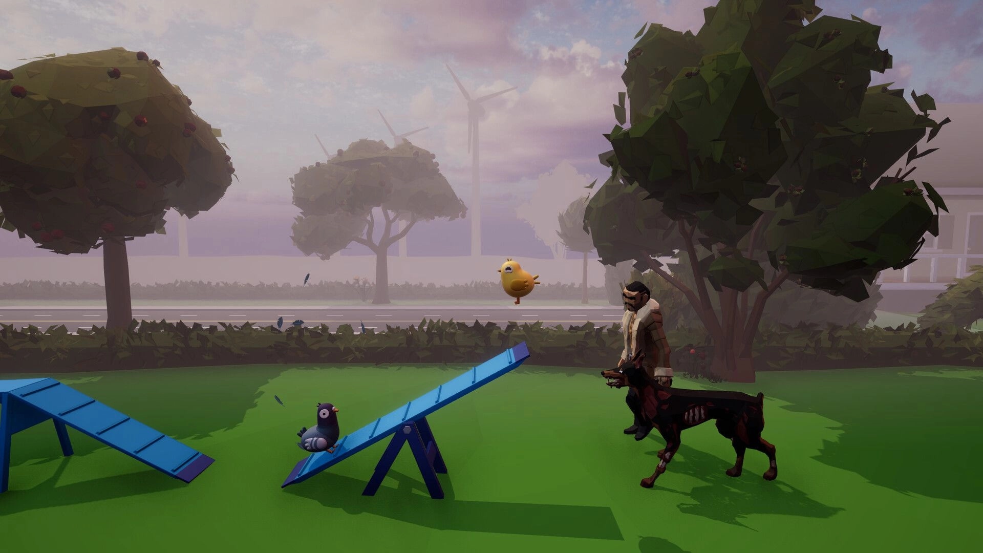 Deadliest Pigeon: Pigeon on seesaw with chick flying nearby and a man with a dog in a park setting