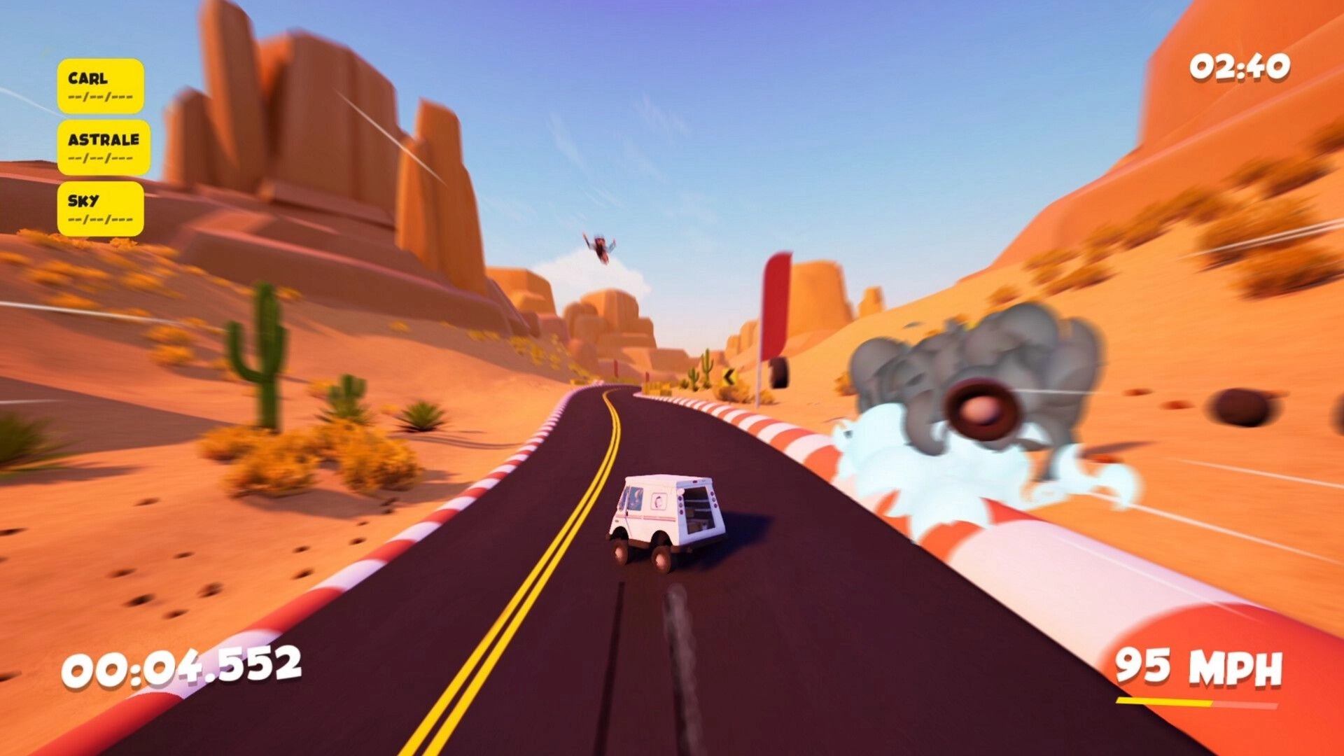 DEADLINE DELIVERY: Carl's mail truck speeds through desert road with smoke, timer, and speed displayed.