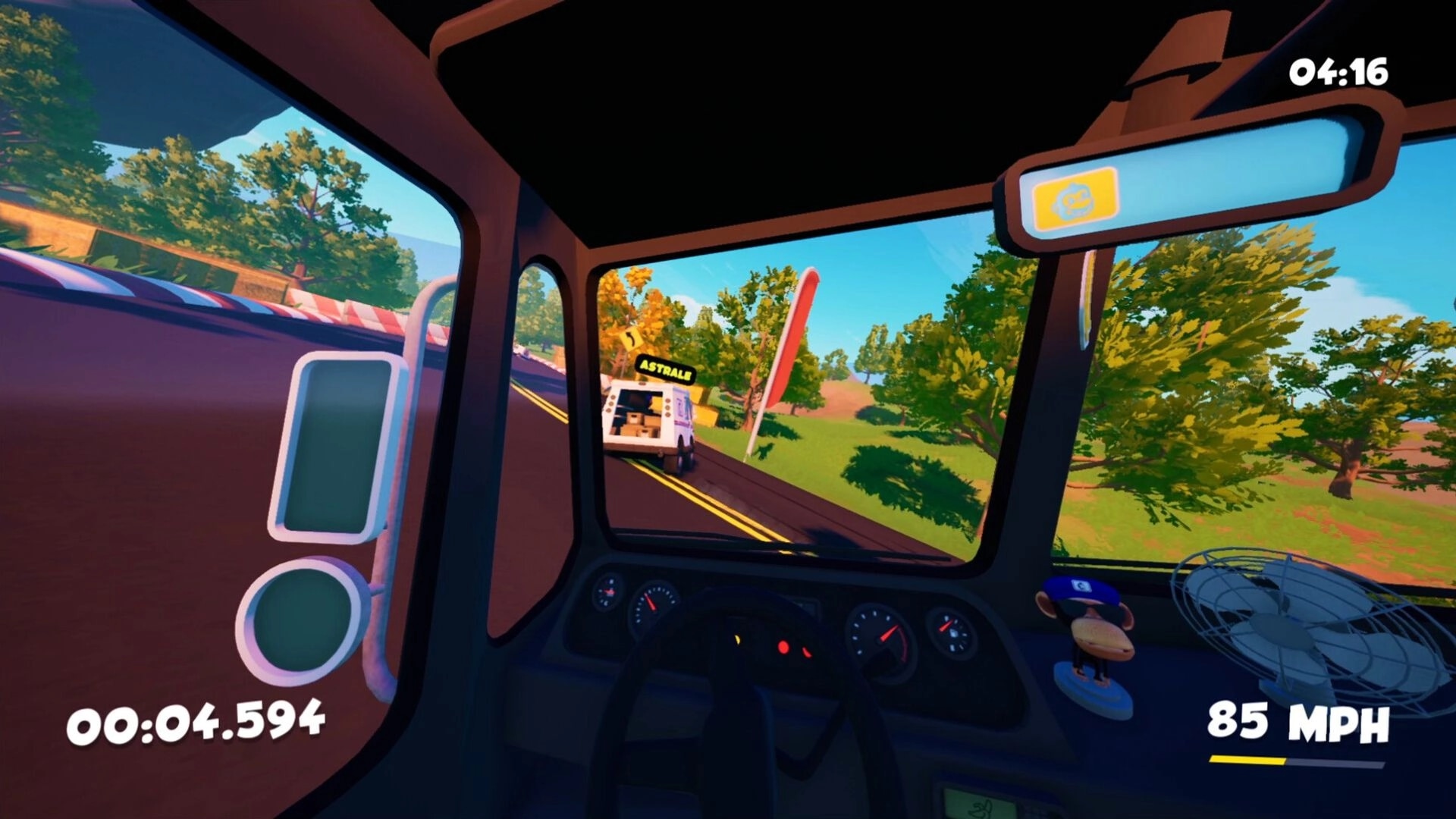 DEADLINE DELIVERY: Carl driving mail truck at 85 MPH, timer at 4:16, forest road in sunny daylight