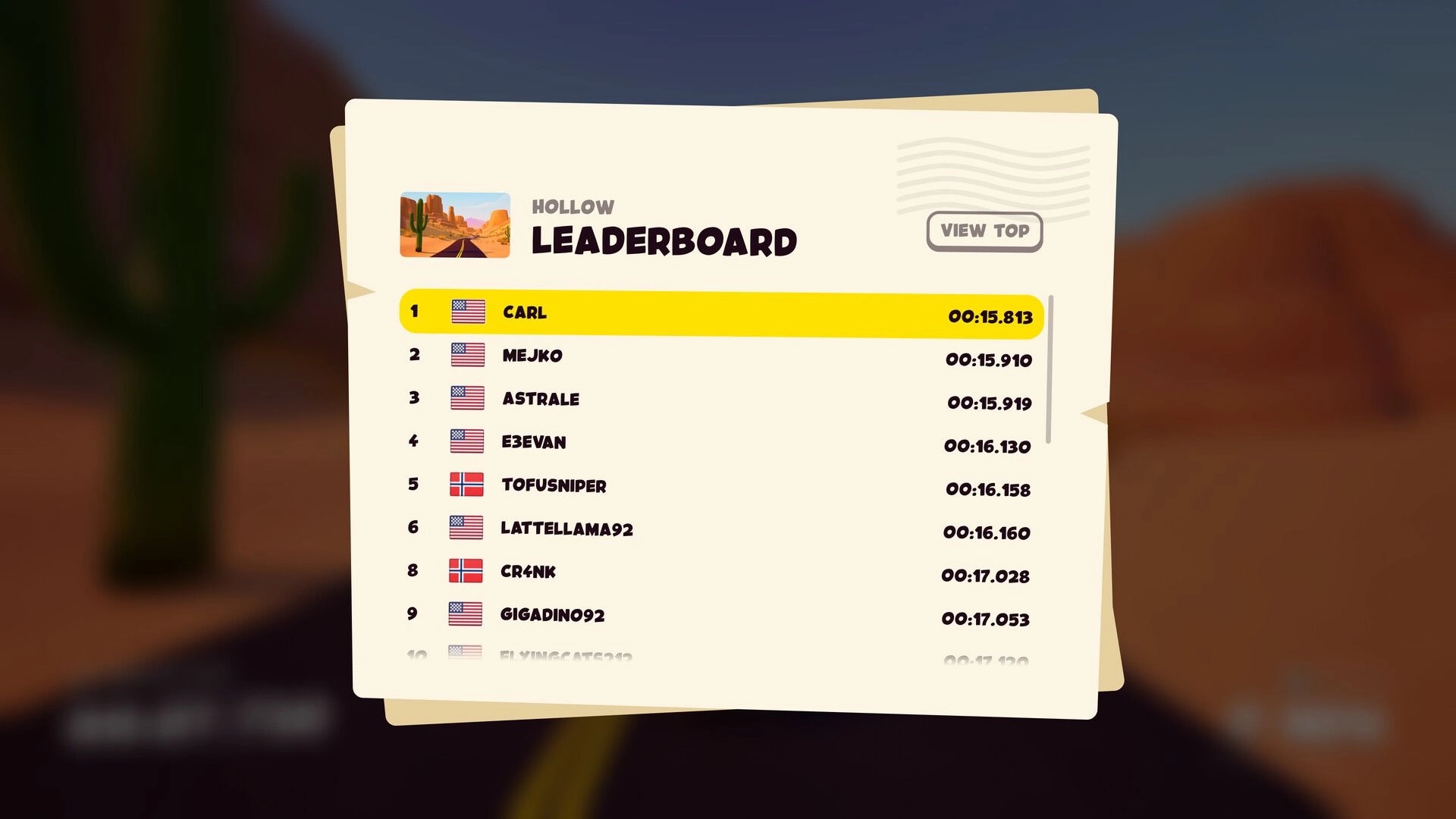 DEADLINE DELIVERY: Leaderboard displaying top racers' times in a desert-themed background setting