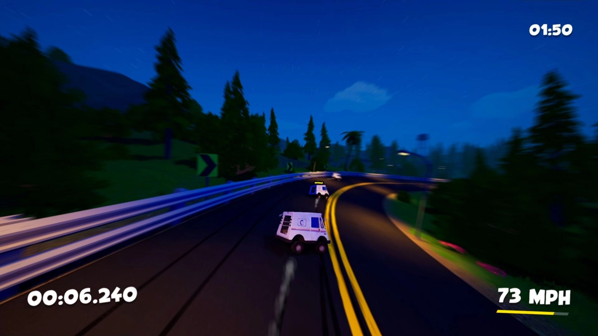 DEADLINE DELIVERY: Carl races mail truck on winding road at night, timer and speed displayed on screen