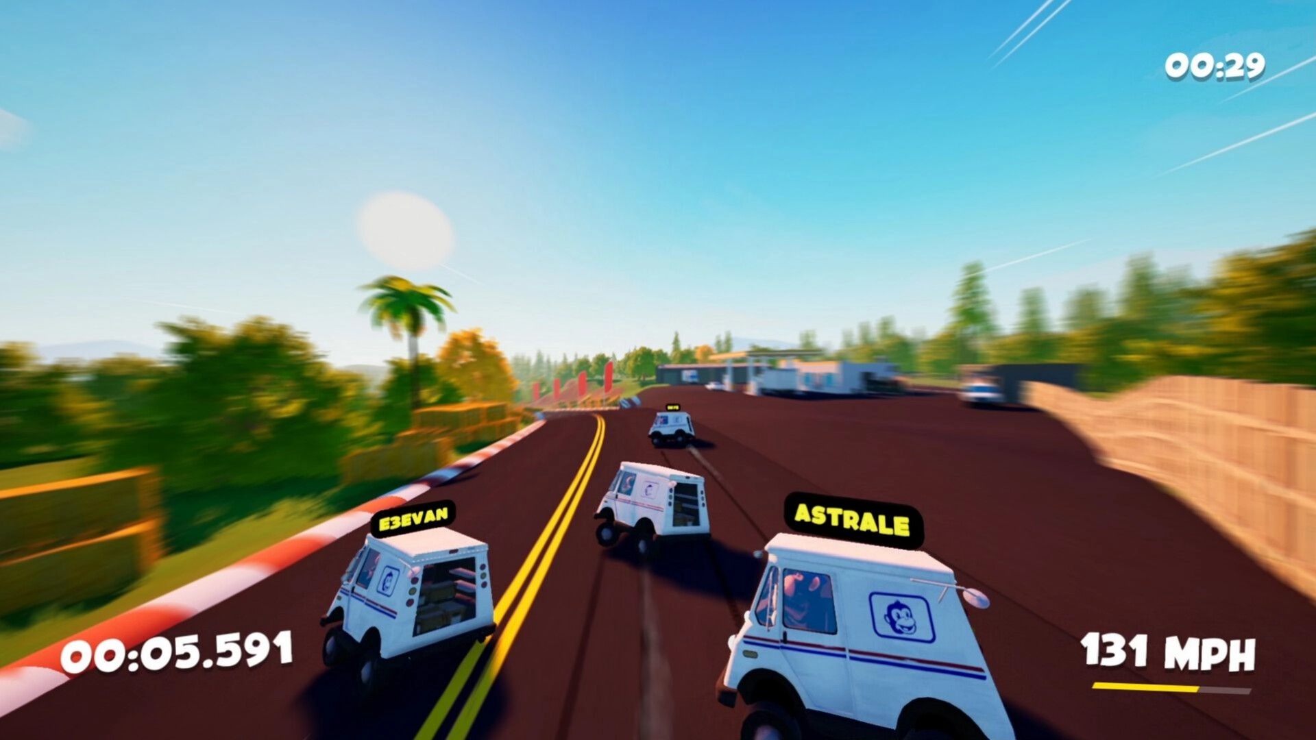 DEADLINE DELIVERY: Mail trucks racing on a sunny road with player names and speed displayed