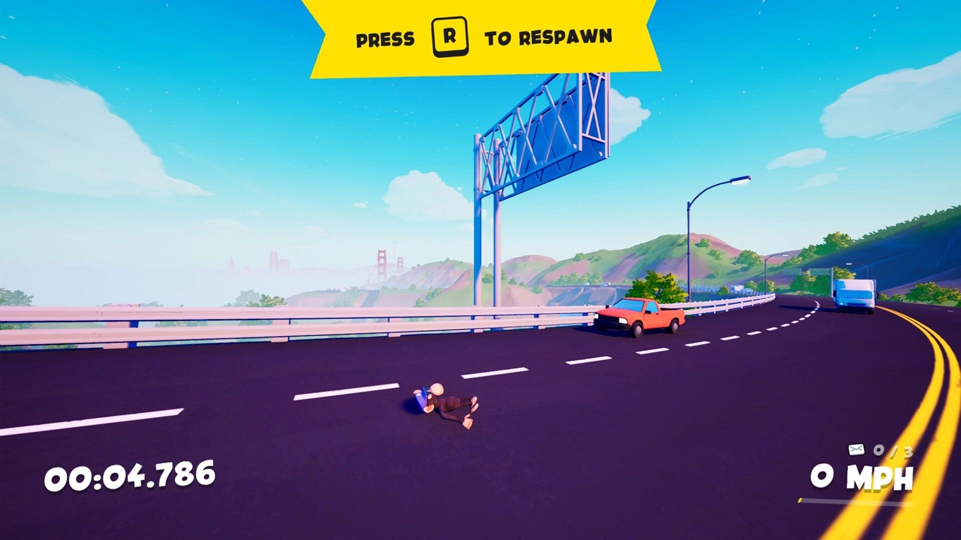 DEADLINE DELIVERY: Carl sprawled on highway near orange car, timer at 4.786 seconds, prompt to respawn