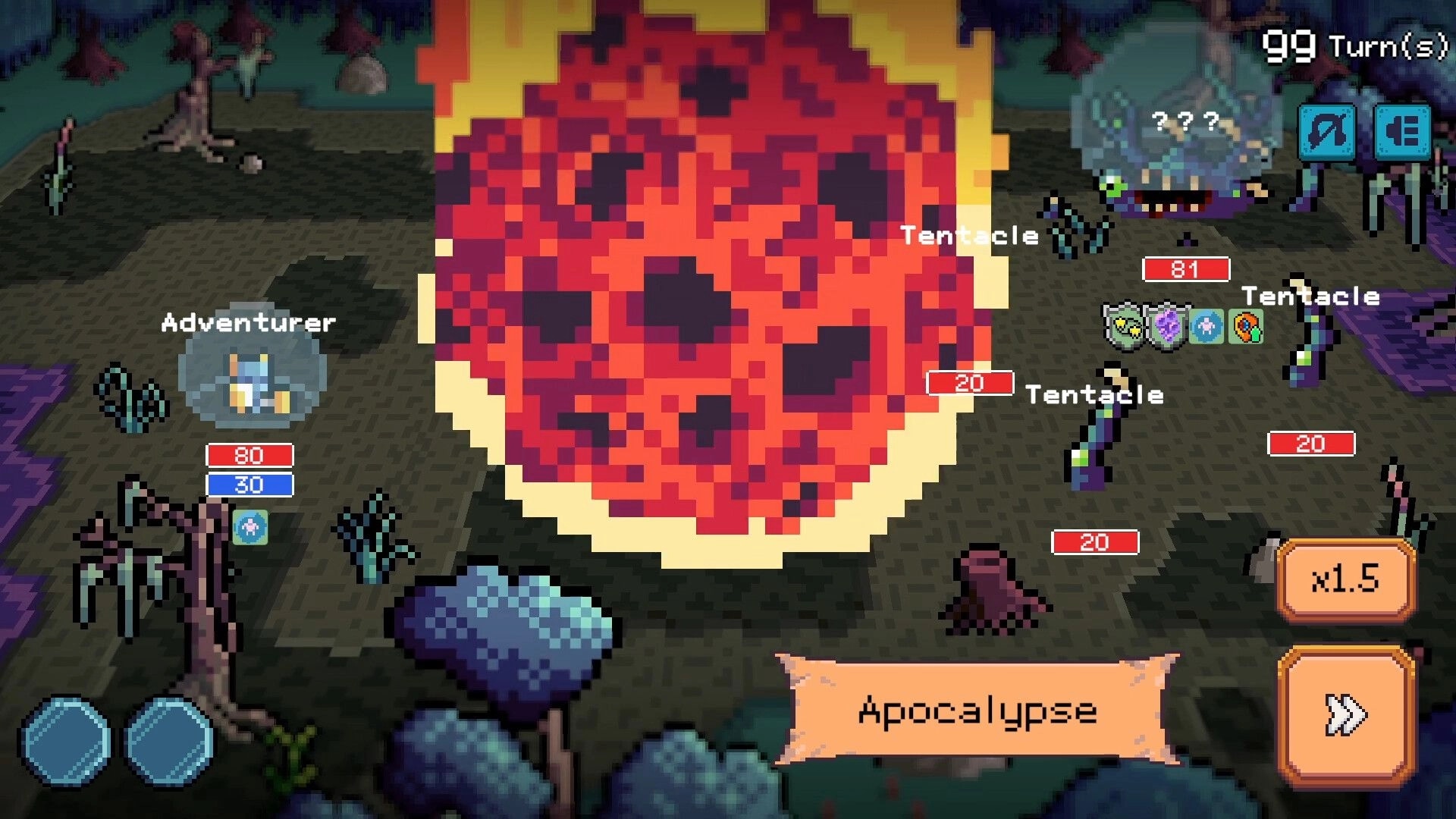 Deadline Savior: Adventurer faces tentacle enemies as huge fireball erupts in dark swamp battlefield UI.