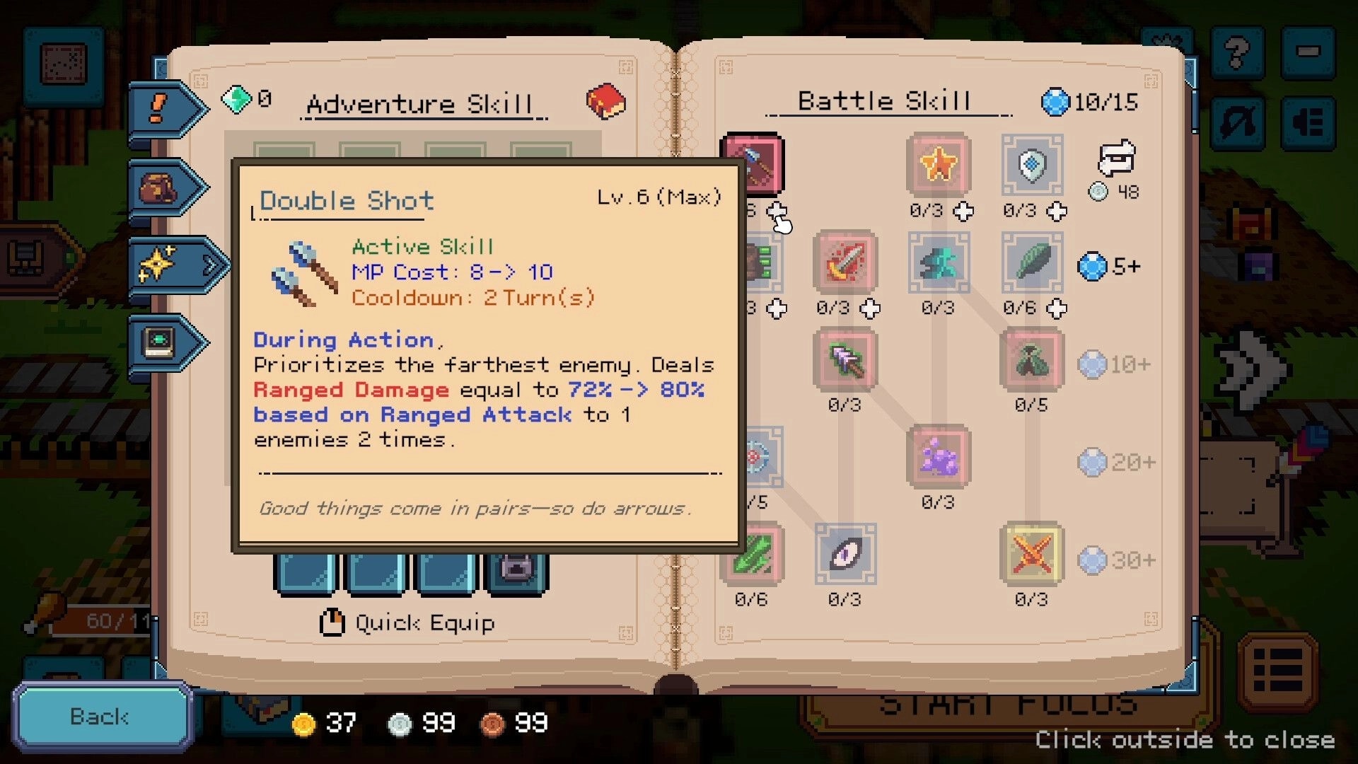 Deadline Savior: Skill book menu with Double Shot tooltip and battle skill tree in pixel RPG hub.