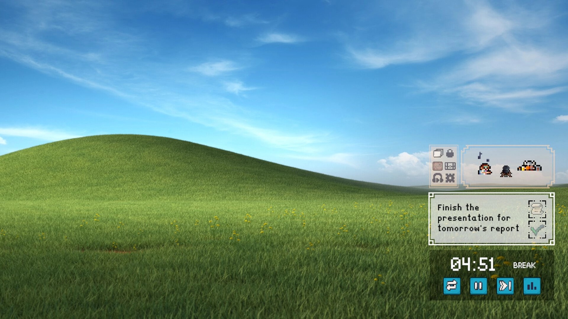 Deadline Savior: Task reminder panel and break timer controls over grassy hill desktop background.