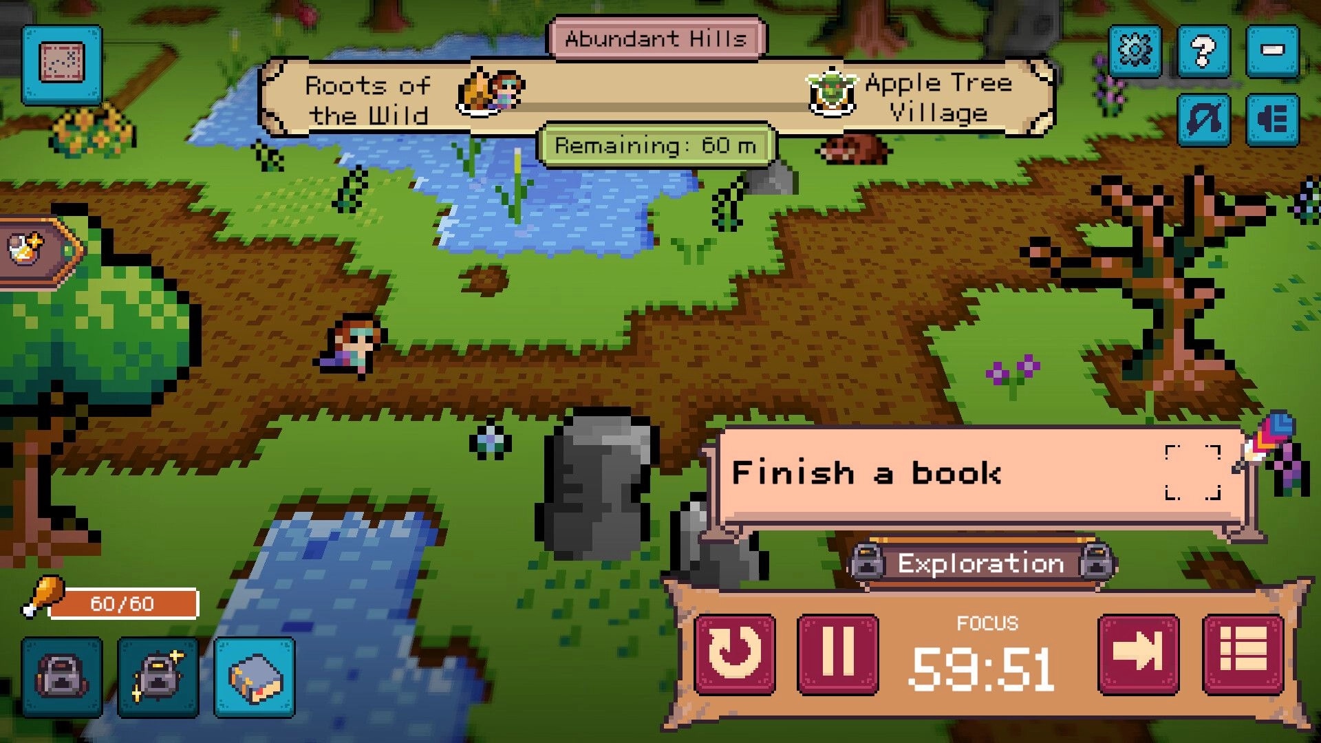 Deadline Savior: Quest "Finish a book" with 59:51 focus timer over pixel hills and river map.