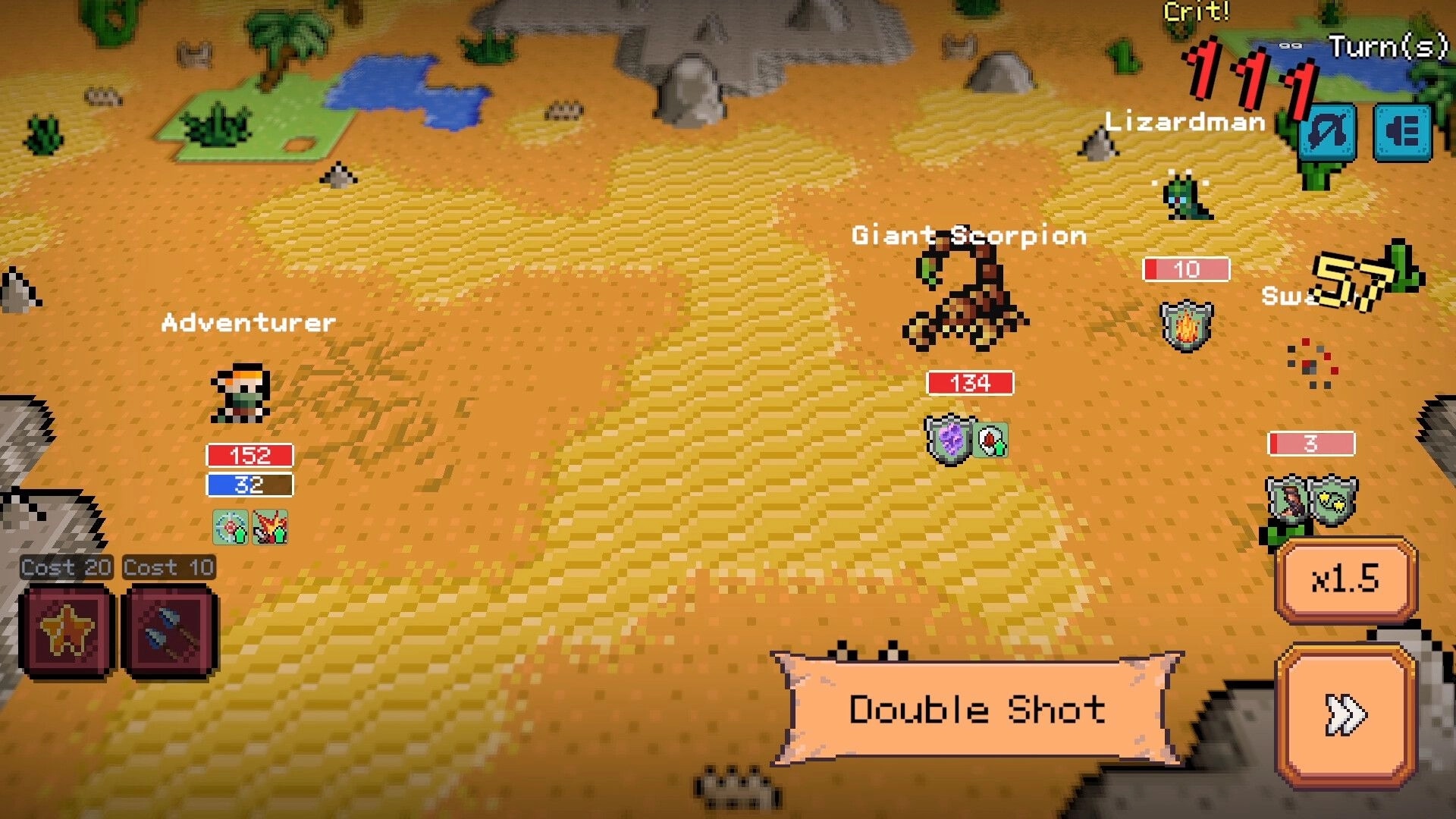 Deadline Savior: Turn-based desert battle as Adventurer uses Double Shot on Giant Scorpion and Lizardman.