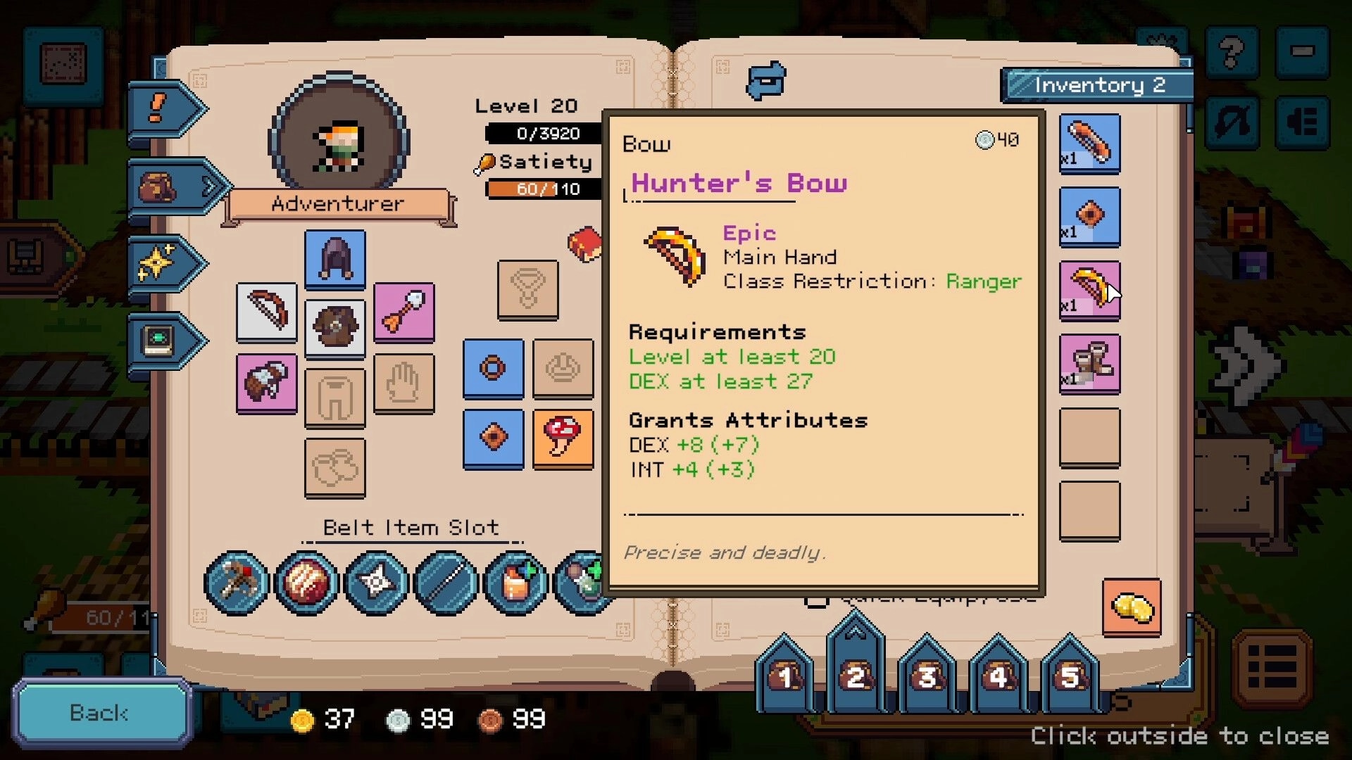 Deadline Savior: Inventory menu open showing Hunter's Bow stats and Adventurer gear slots in town.