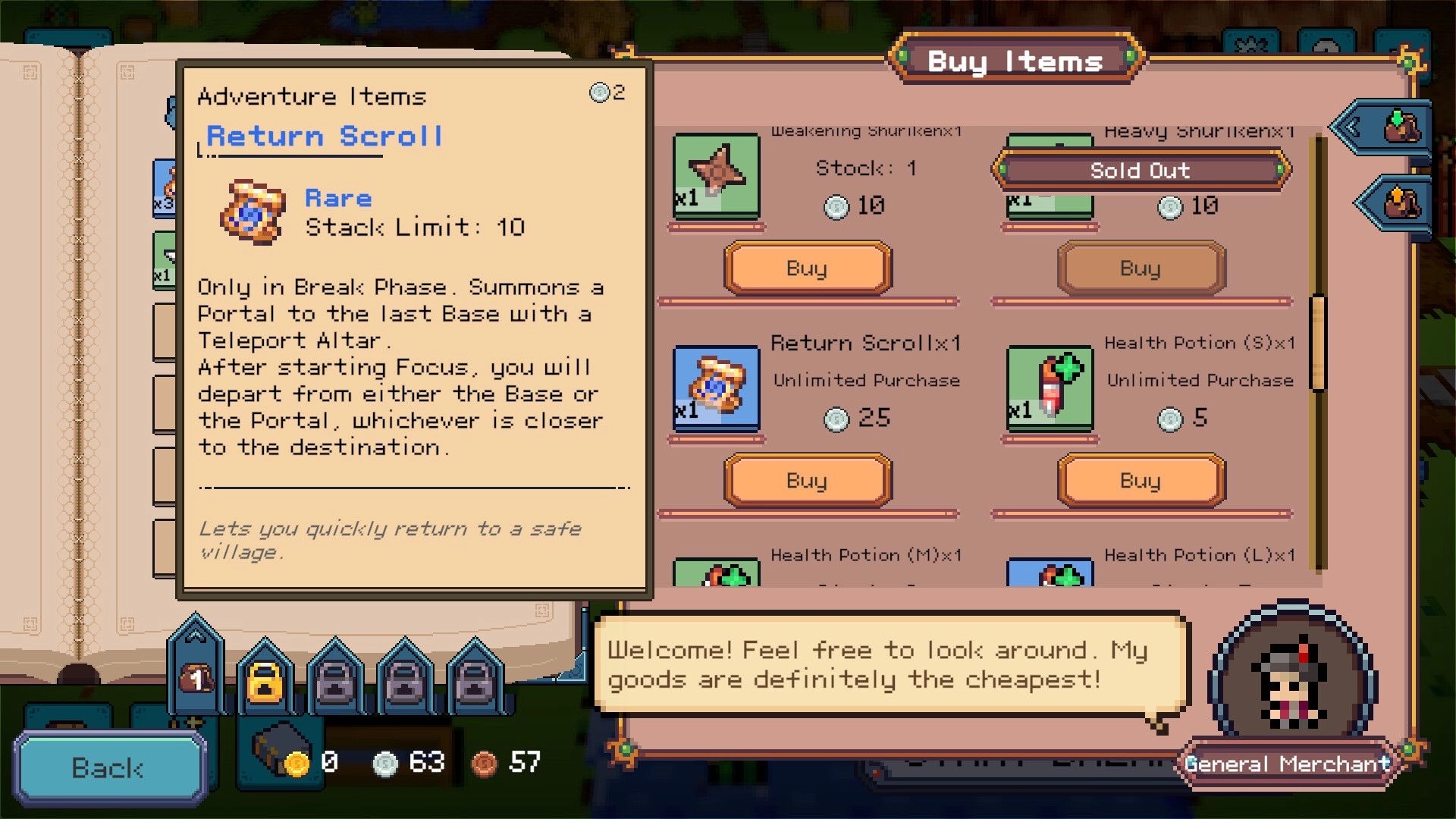 Deadline Savior: Buy Items shop menu with Return Scroll details and General Merchant dialogue box open.