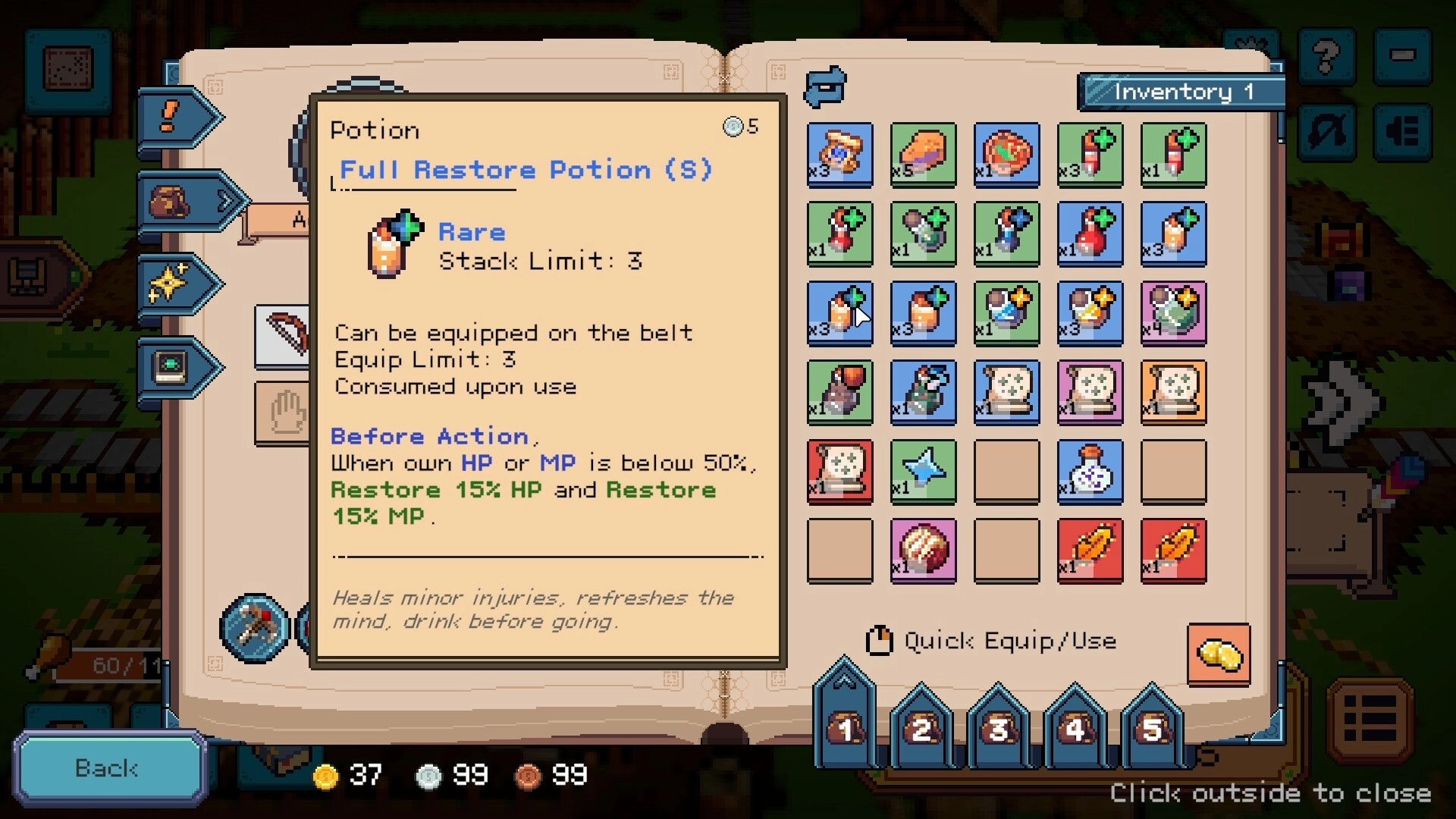 Deadline Savior: Inventory screen highlighting Full Restore Potion, item grid and quick equip bar over town.