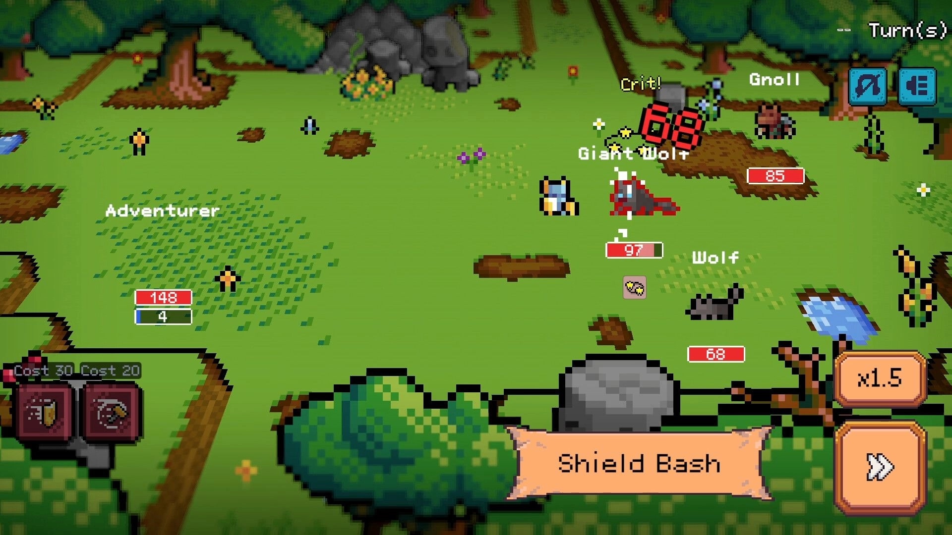 Deadline Savior: Turn-based battle UI with Shield Bash selected, fighting giant wolf in forest clearing.